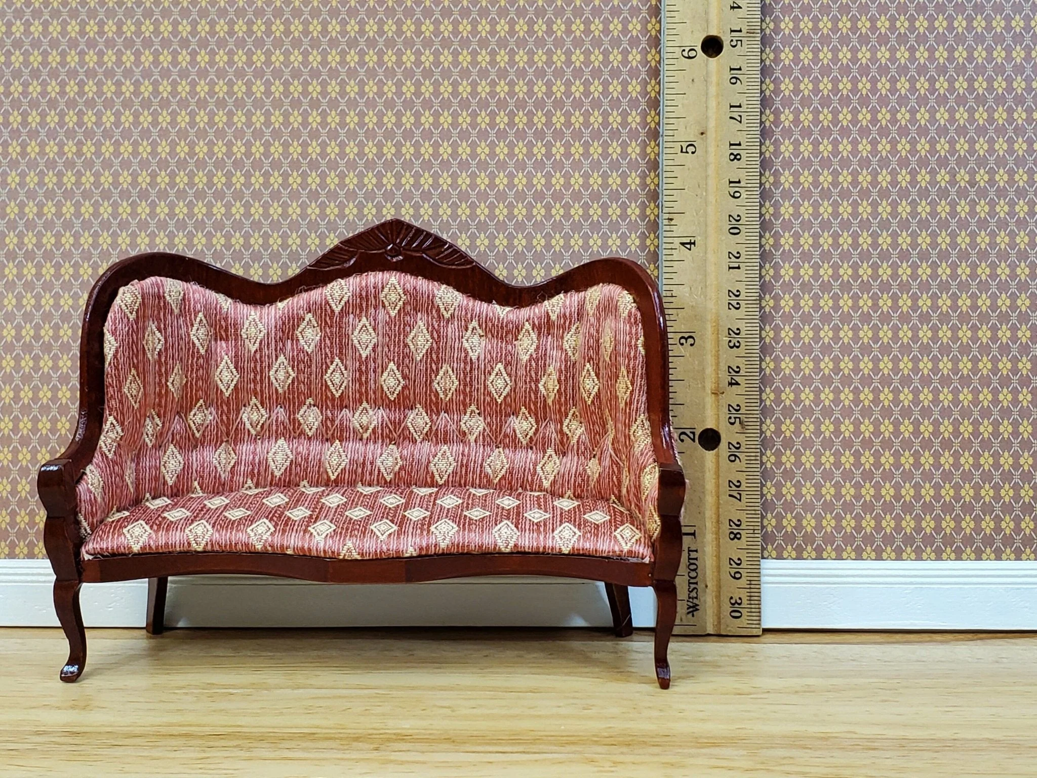 Dollhouse Victorian Living Room Set Sofa Chairs Tables 1:12 Scale Furniture Dark Pink - Image 5