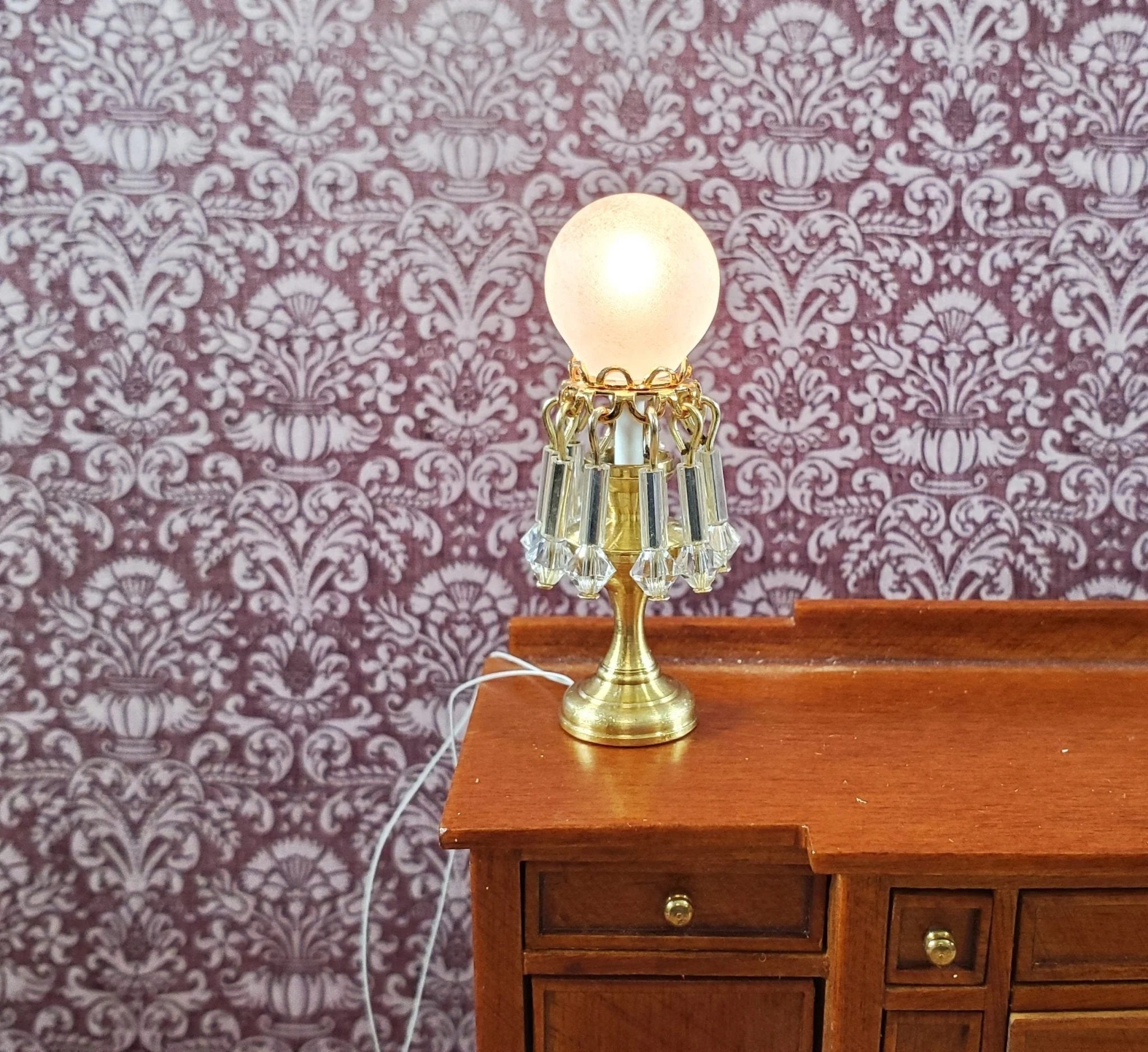 Dollhouse Victorian Table Lamp w/ Crystals 12 Volt 1:12 Scale Miniature Handmade