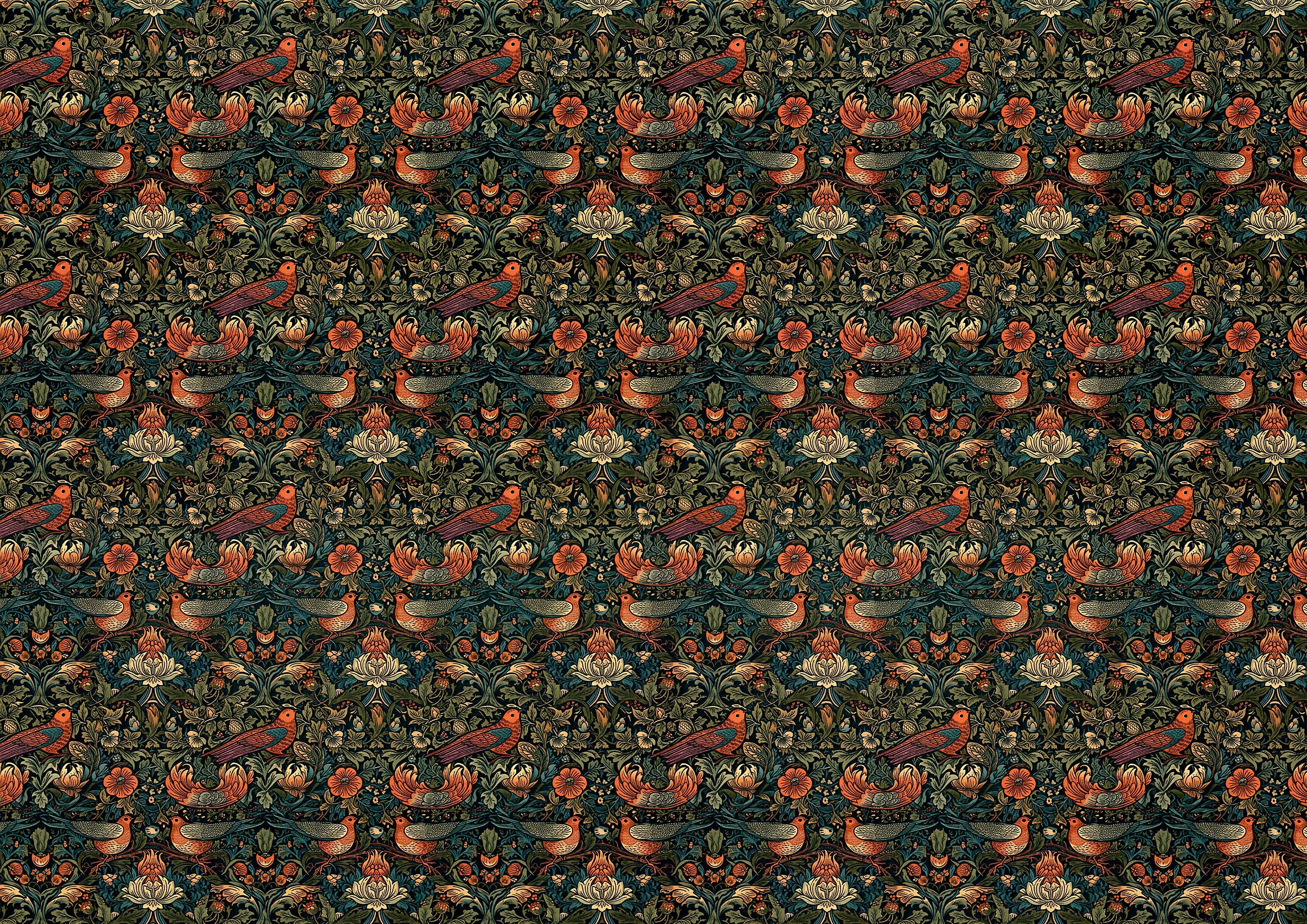 Dollhouse Victorian Wallpaper Dark Green Red Birds 3 Sheets 1:12 Scale Miniature