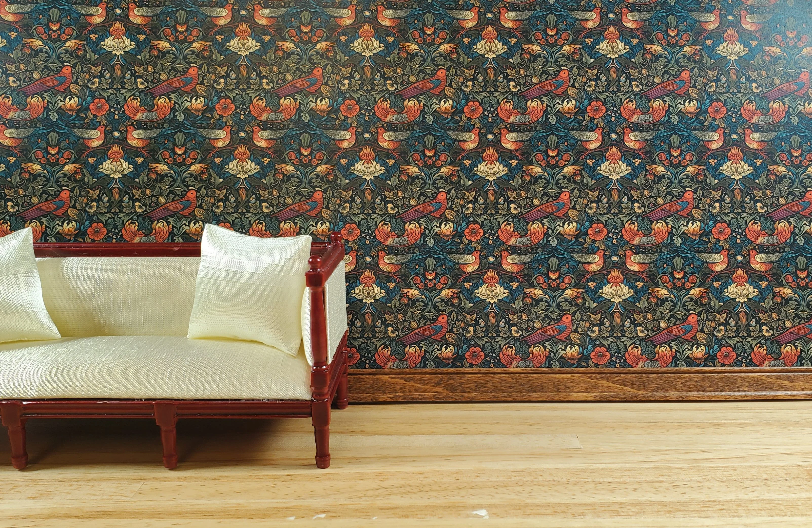 Dollhouse Victorian Wallpaper Dark Green Red Birds 3 Sheets 1:12 Scale Miniature - Image 2