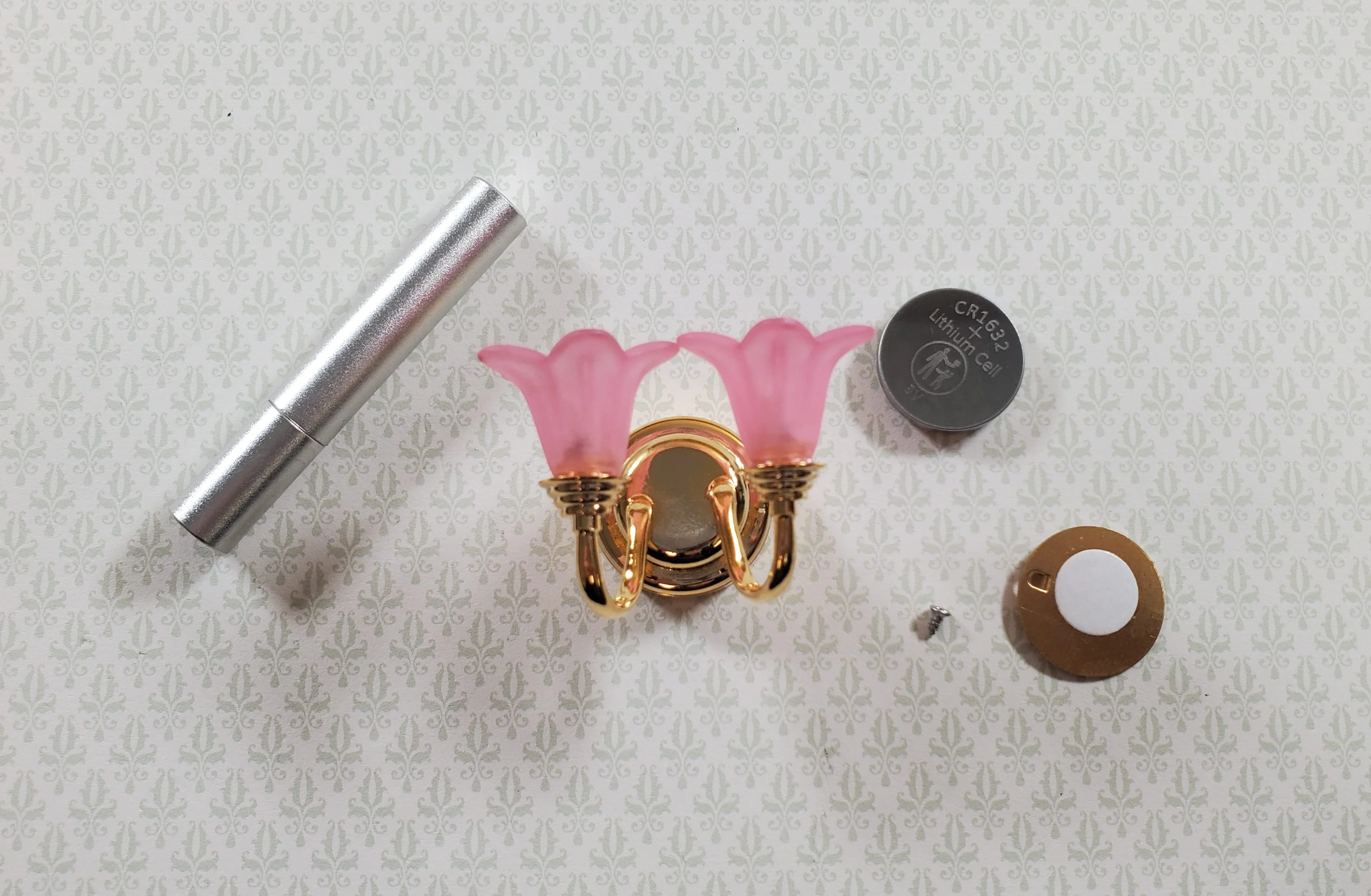 Dollhouse Wall Sconce Pink Flower Shades with Wand 1:12 Miniature Battery Lamp - Image 3