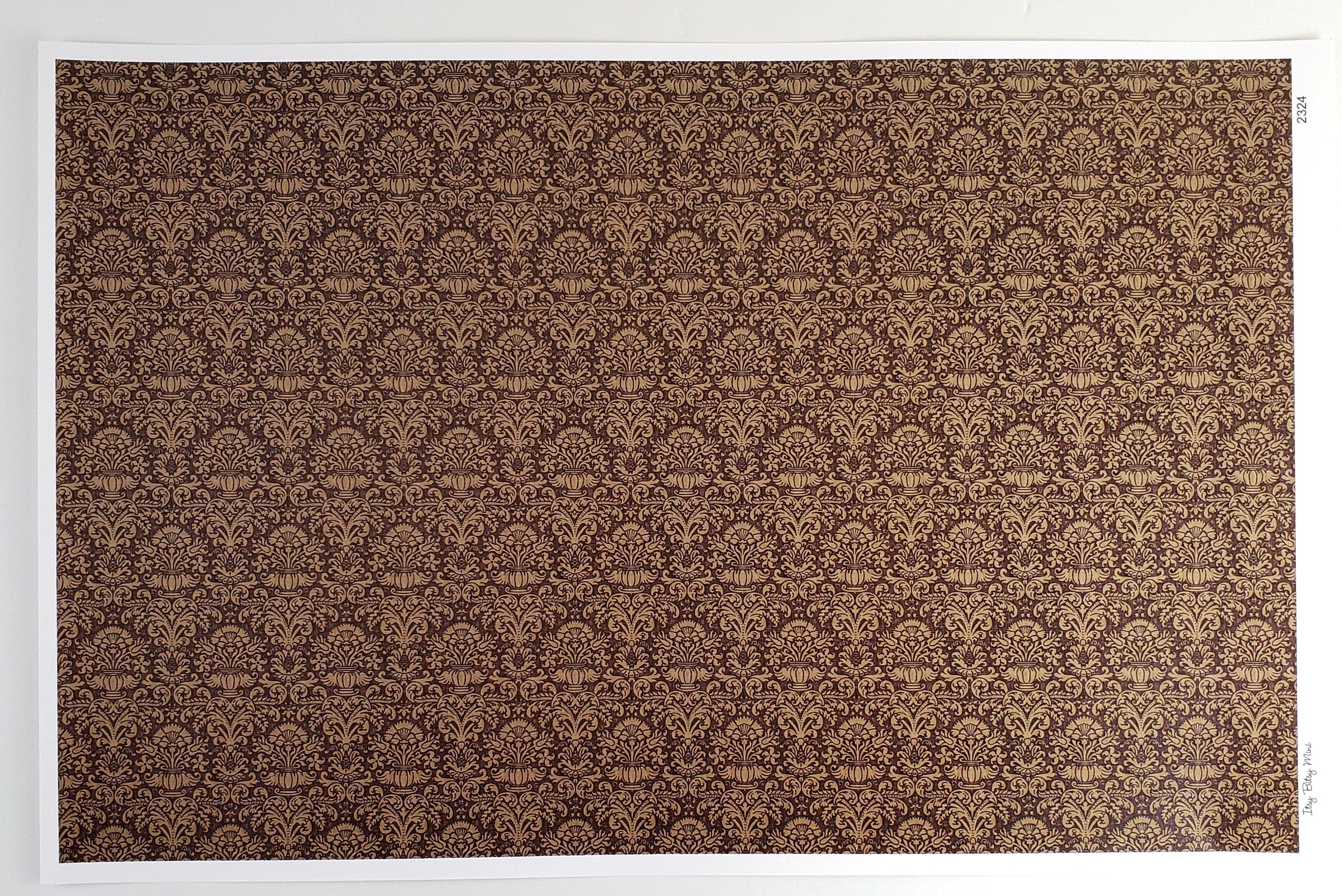 Dollhouse Wallpaper Damask Chocolate Brown Victorian 1:12 Scale Itsy Bitsy Miniatures - Image 2