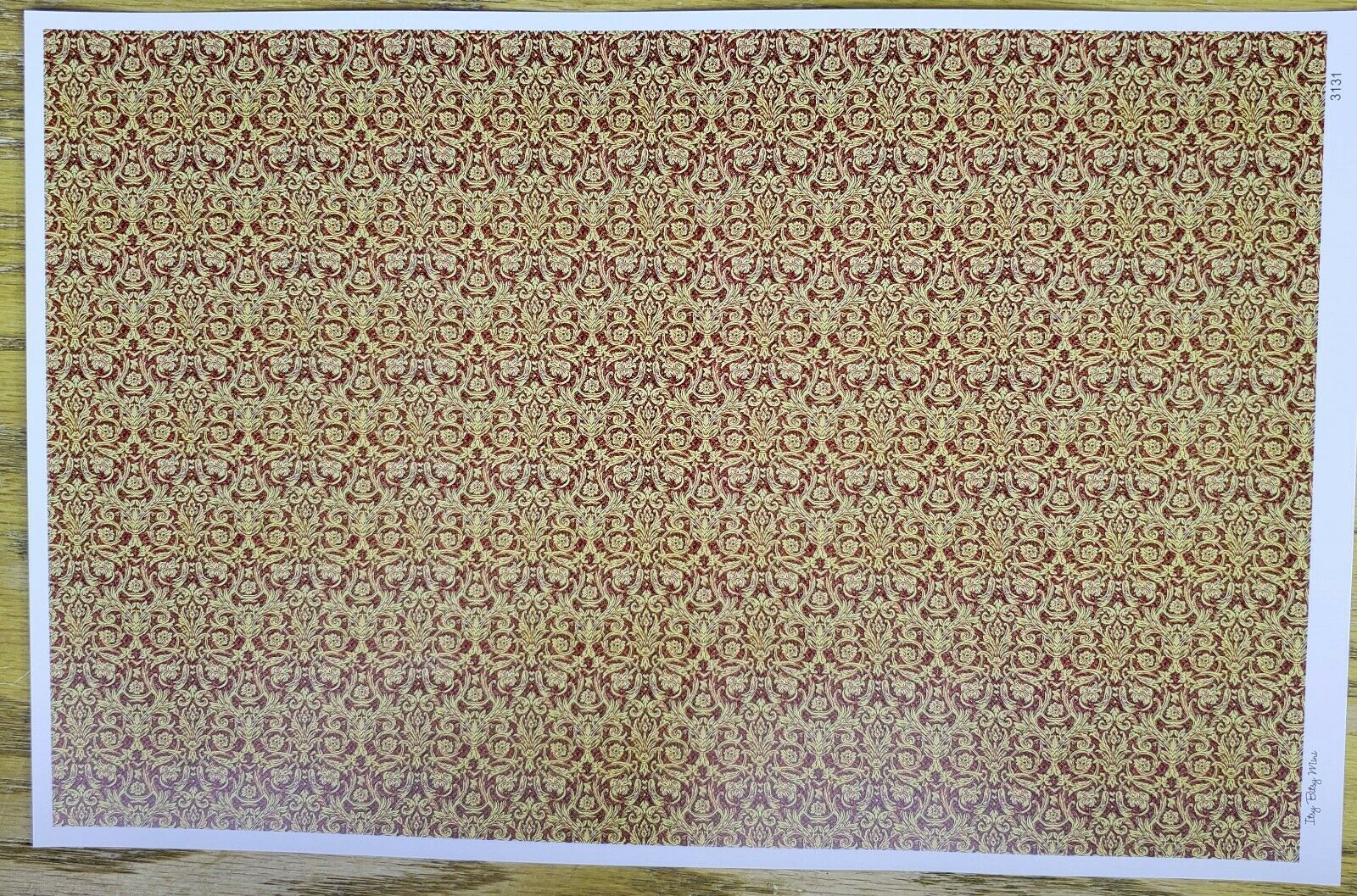 Dollhouse Wallpaper Gold on Red Festive Damask 1:12 Scale Itsy Bitsy - Image 2
