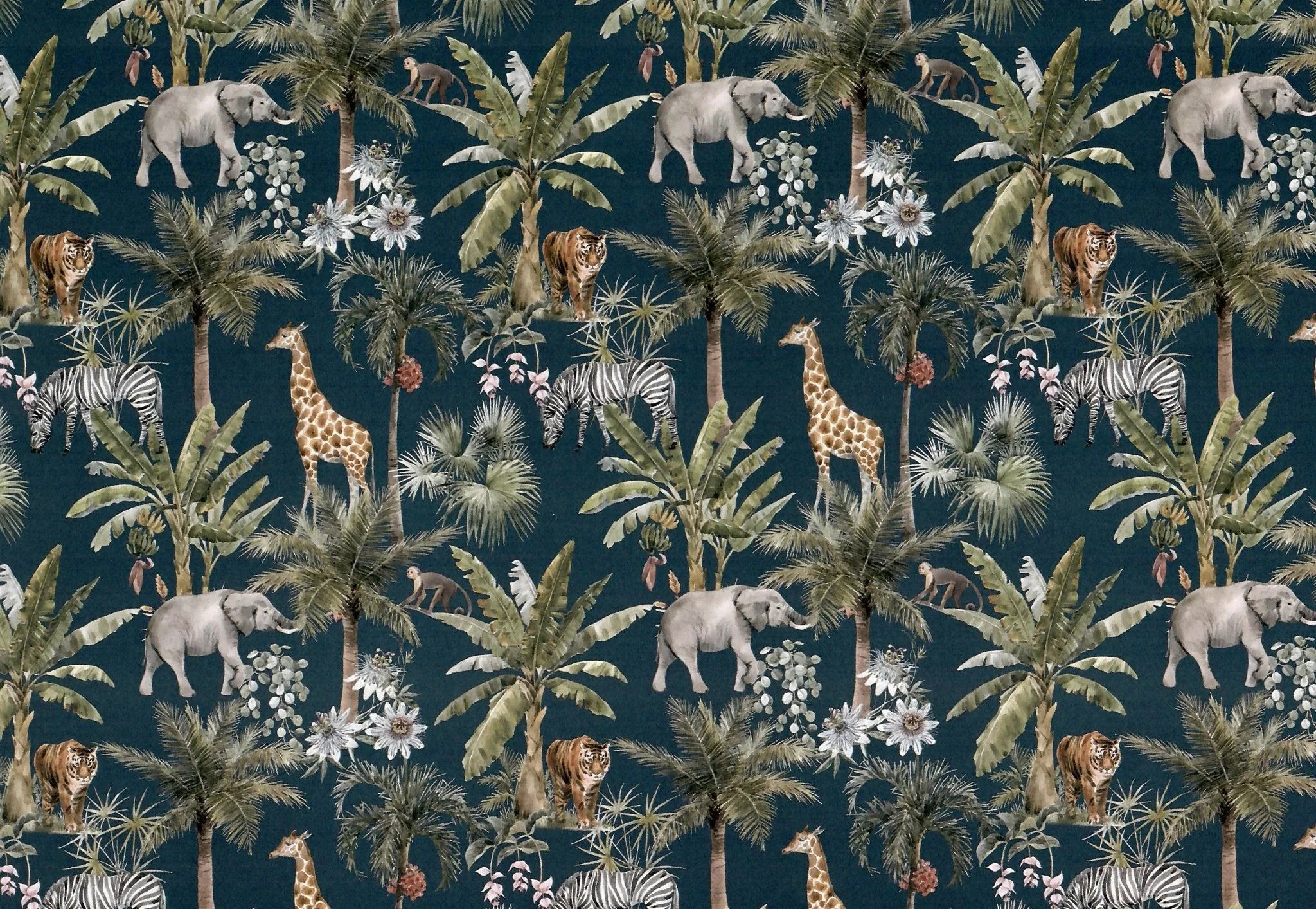 Dollhouse Wallpaper Jungle Print Elephants Tigers Zebras Navy Blue 3 Sheets