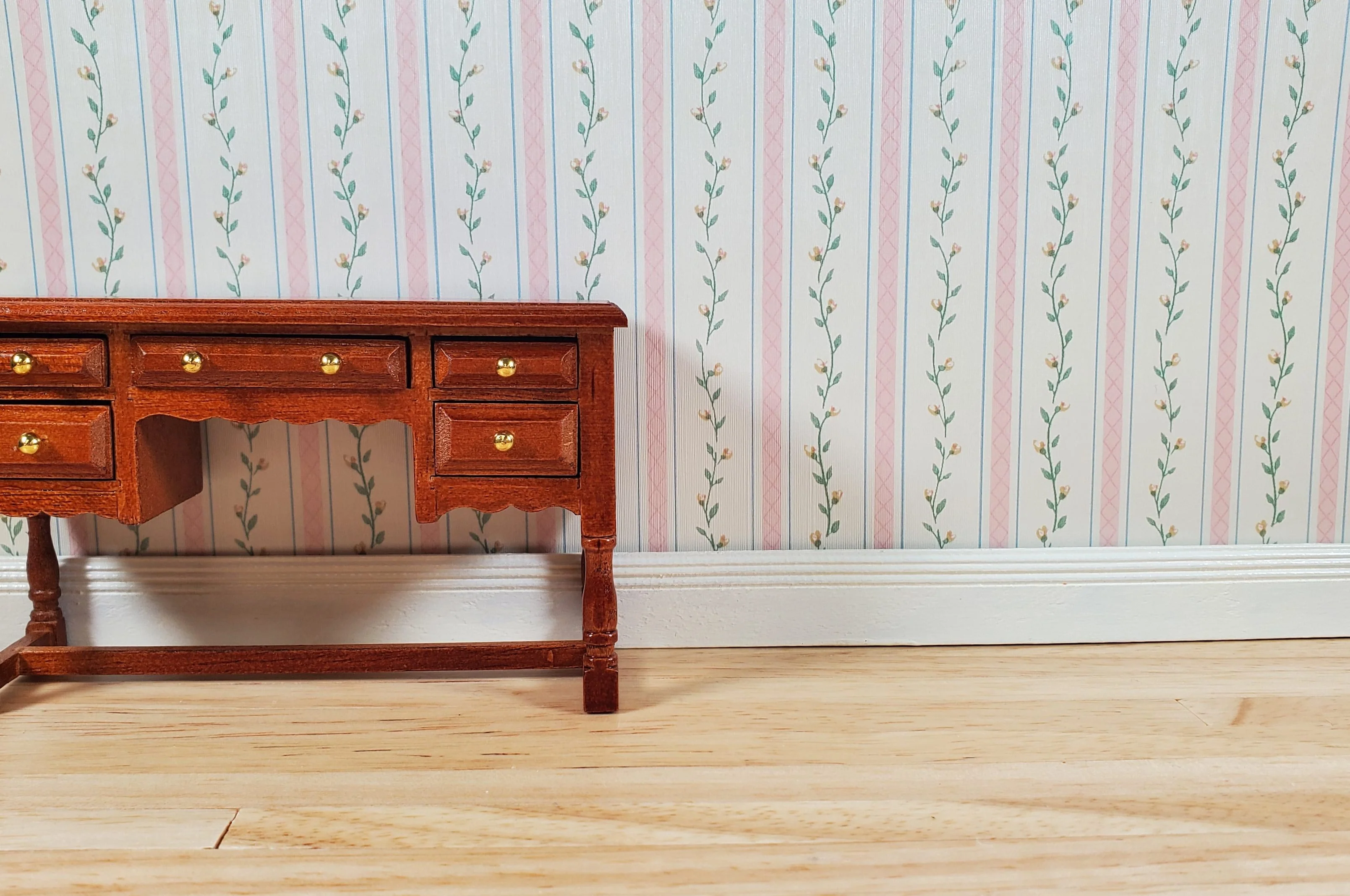 Dollhouse Wallpaper Pink Strip Floral Vine 3 Sheets 1:12 Scale Cream Pink Green - Image 2