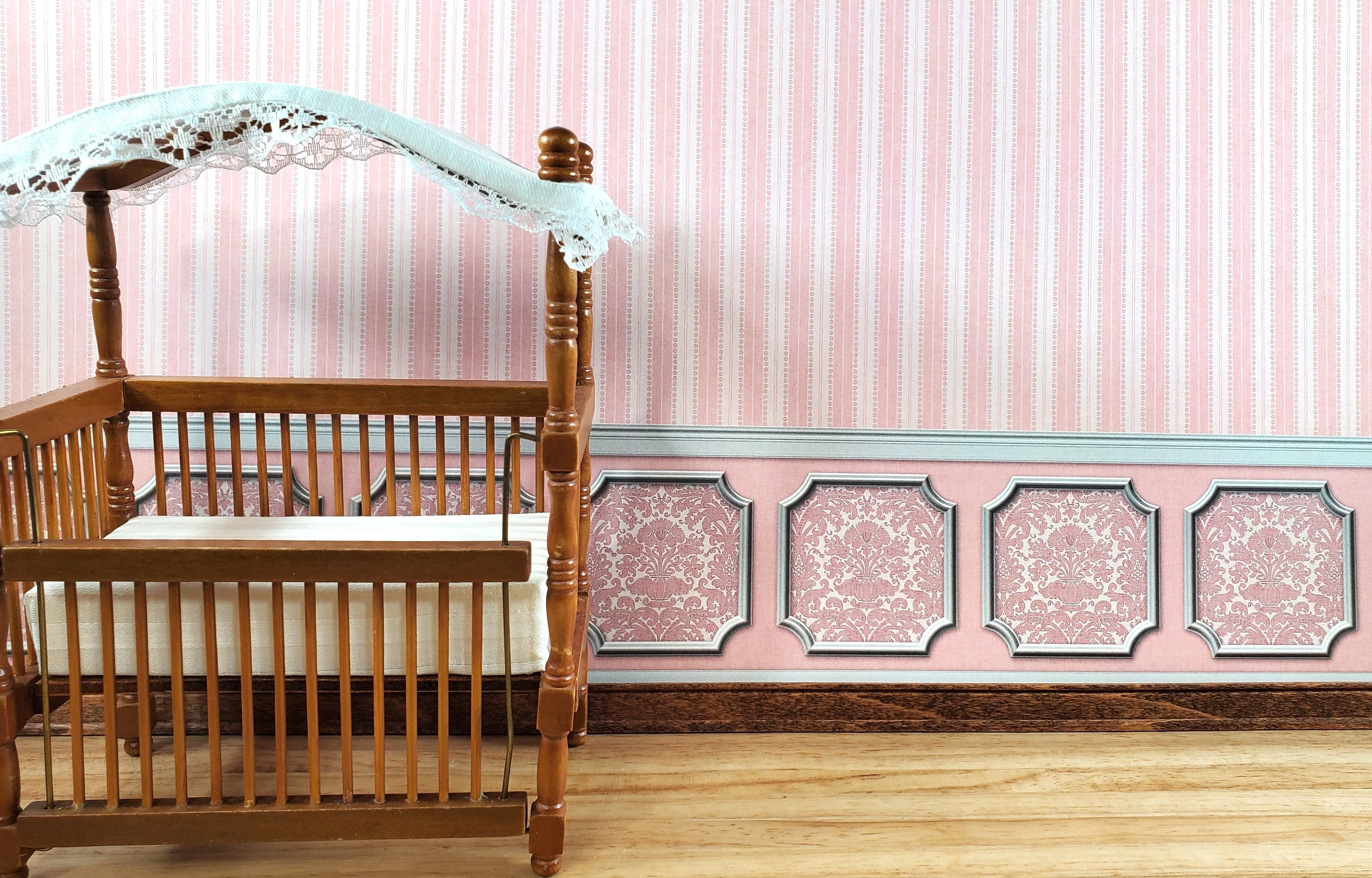 Dollhouse Wallpaper Pink White Striped Annabelle Wainscot 1:12 Scale Itsy Bitsy - Image 3