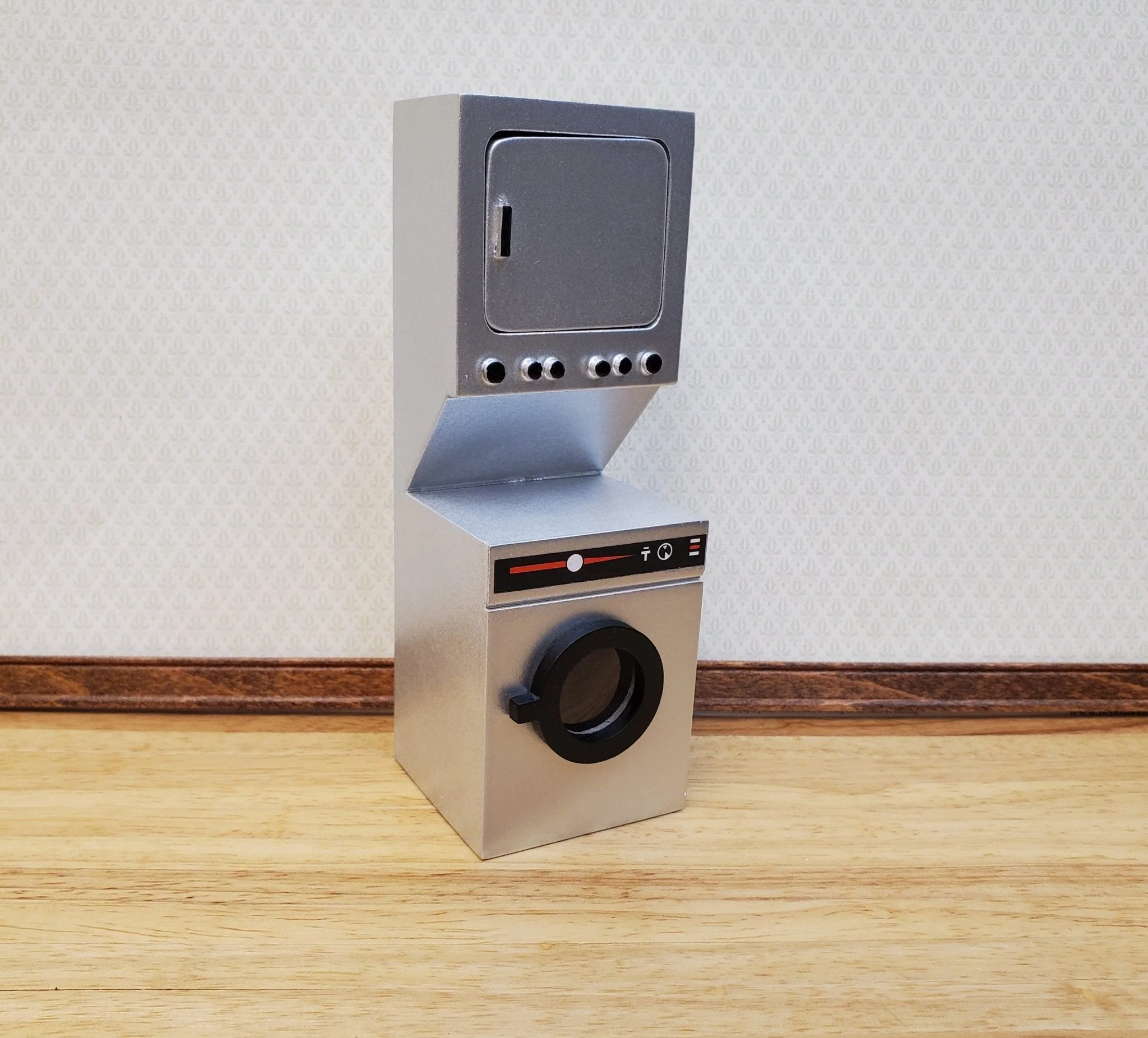 Dollhouse Washing Machine & Dryer Stacked Modern Silver 1:12 Scale Miniature