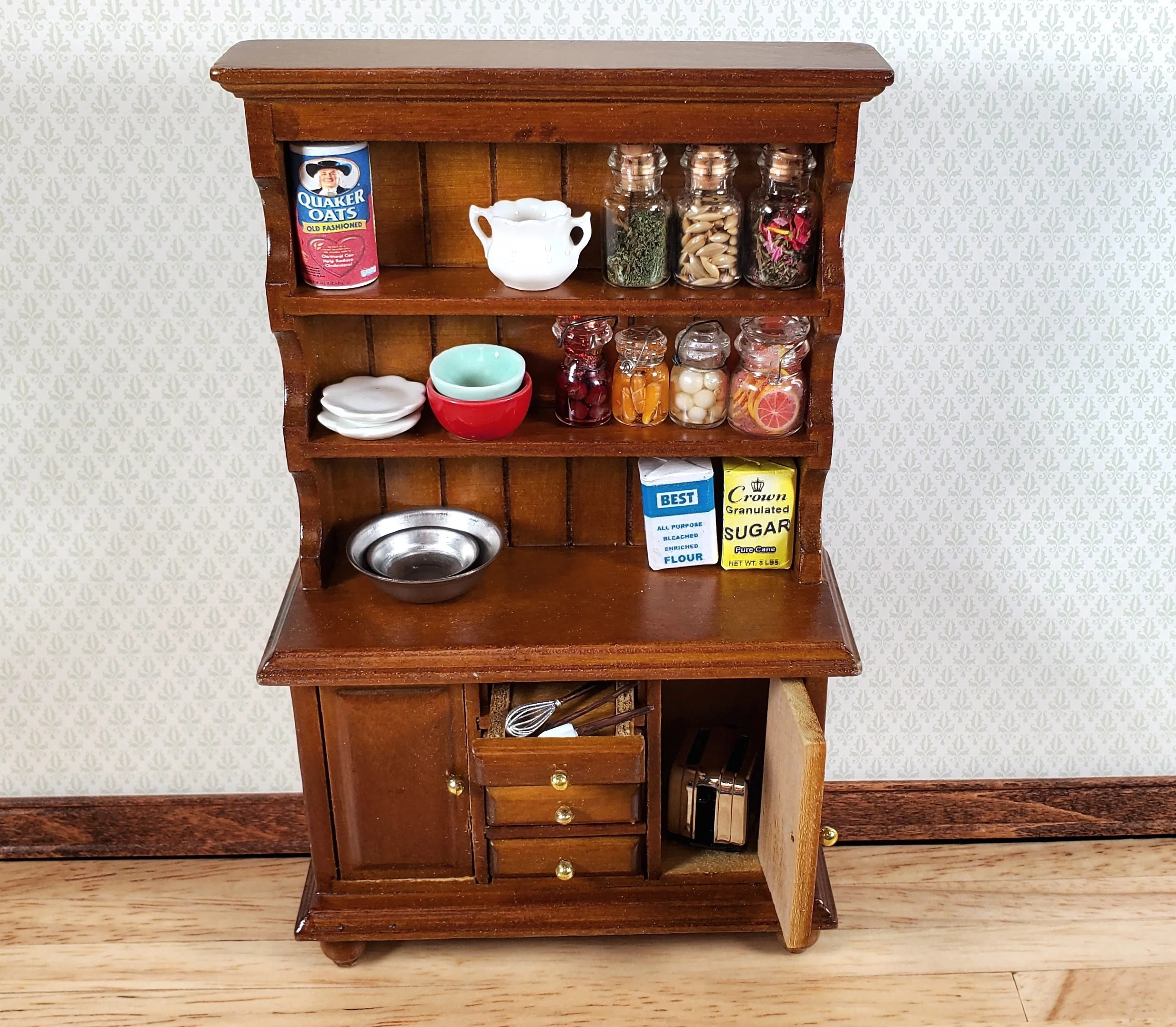 Dollhouse Welsh Kitchen Cabinet Cupboard Walnut Finish 1:12 Scale Miniature - Image 4