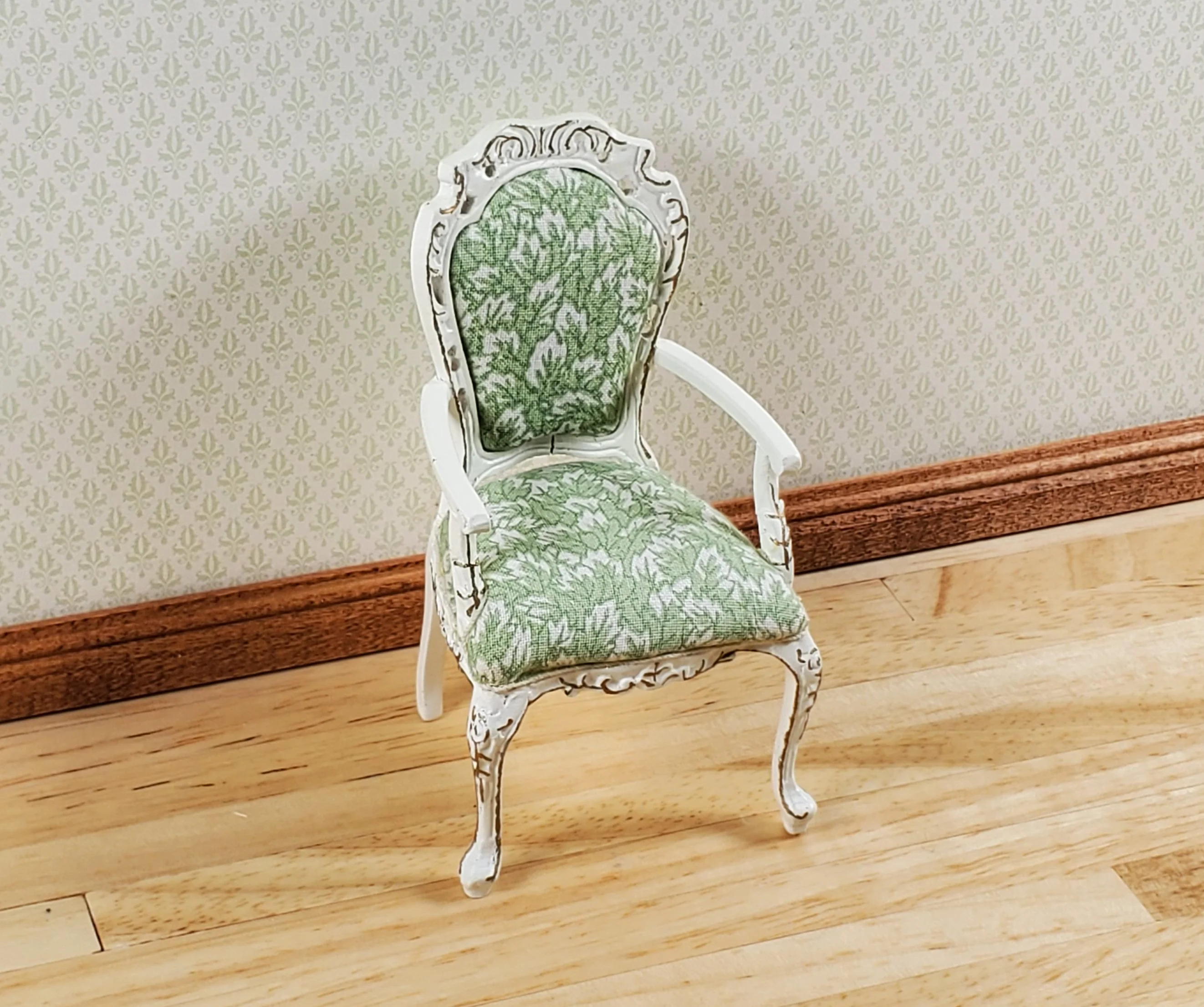 Dollhouse White & Gold Arm Chair Green Fern Fabric 1:12 Scale Furniture Hansson - Image 2
