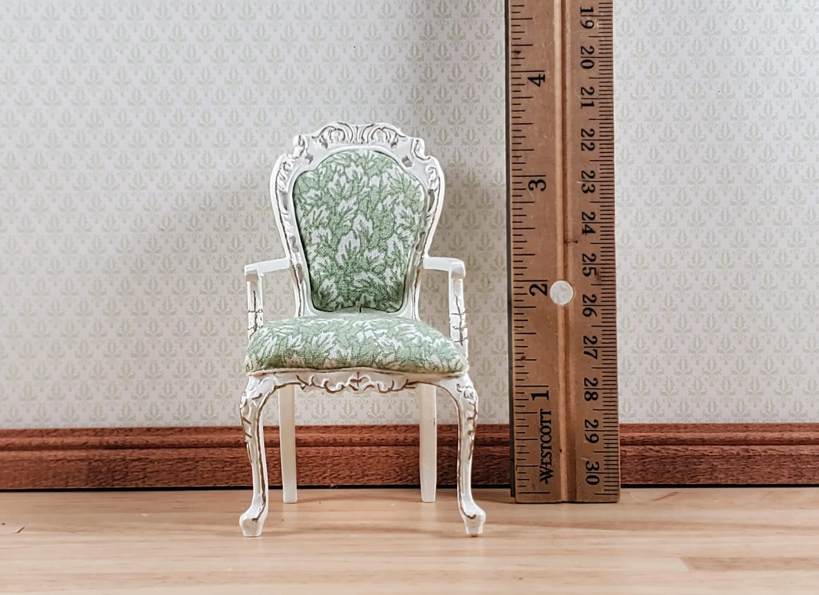 Dollhouse White & Gold Arm Chair Green Fern Fabric 1:12 Scale Furniture Hansson - Image 3