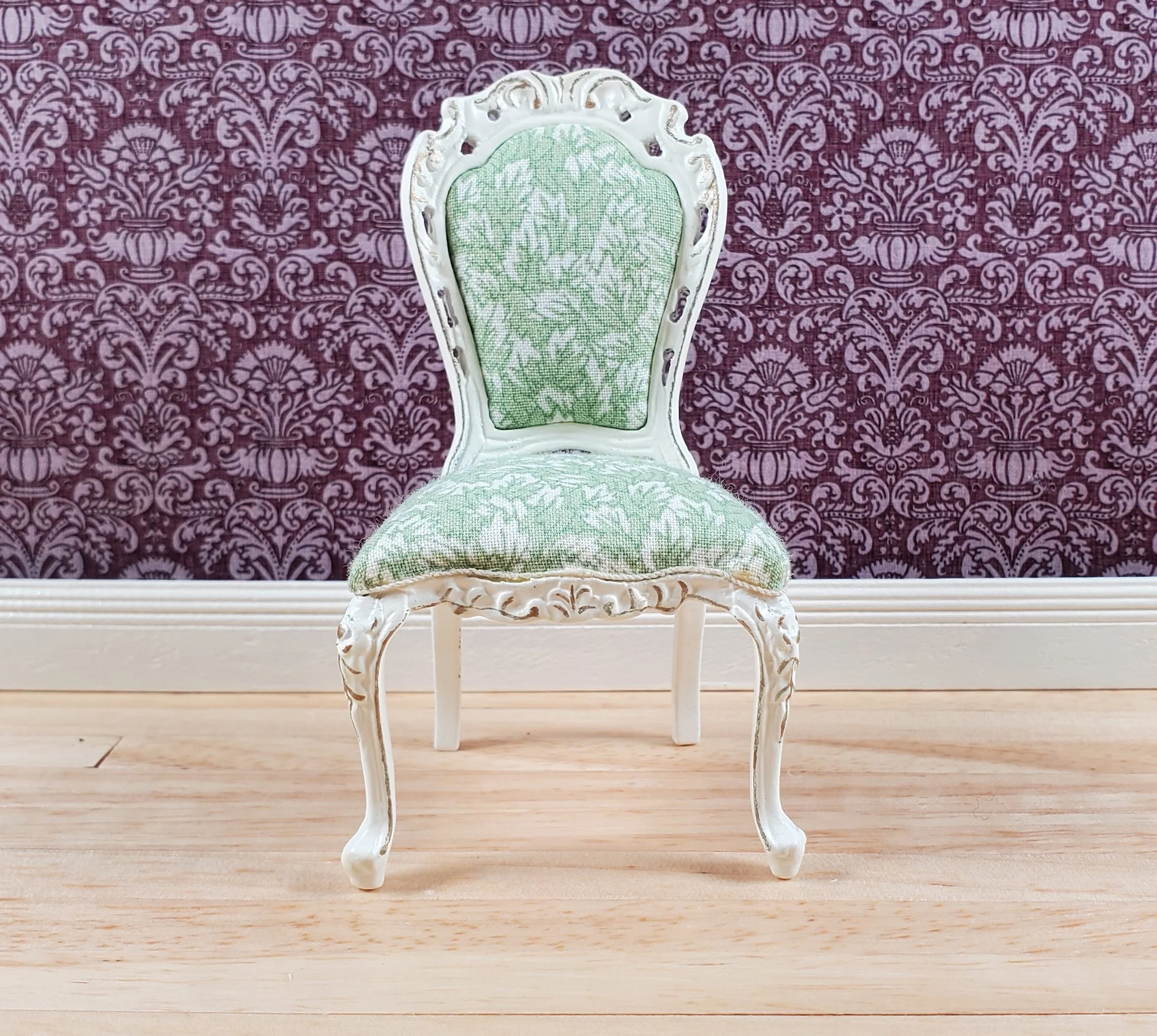 Dollhouse White & Gold Side Chair Green Fern Fabric 1:12 Scale Furniture Hansson - Image 2