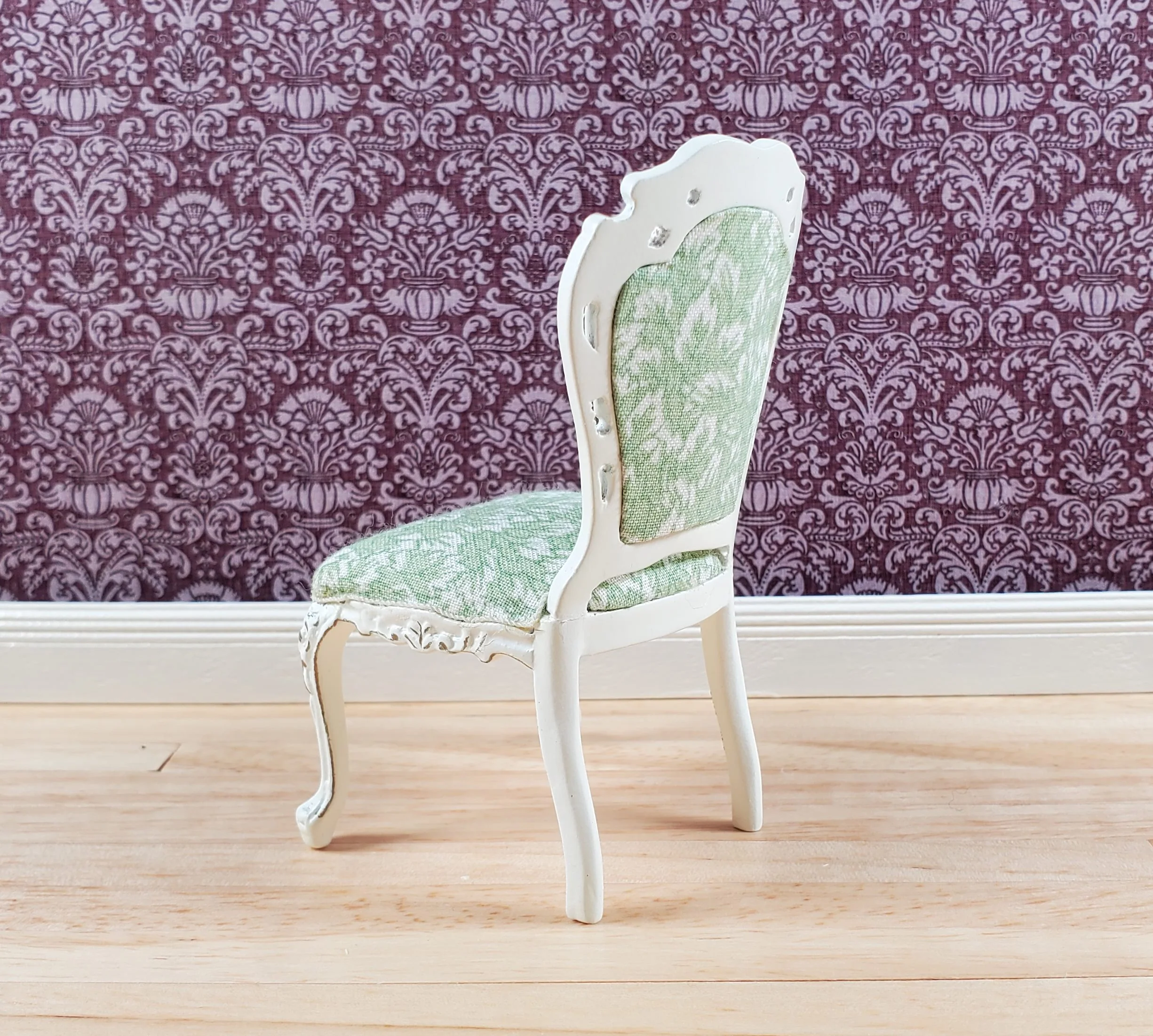 Dollhouse White & Gold Side Chair Green Fern Fabric 1:12 Scale Furniture Hansson - Image 3