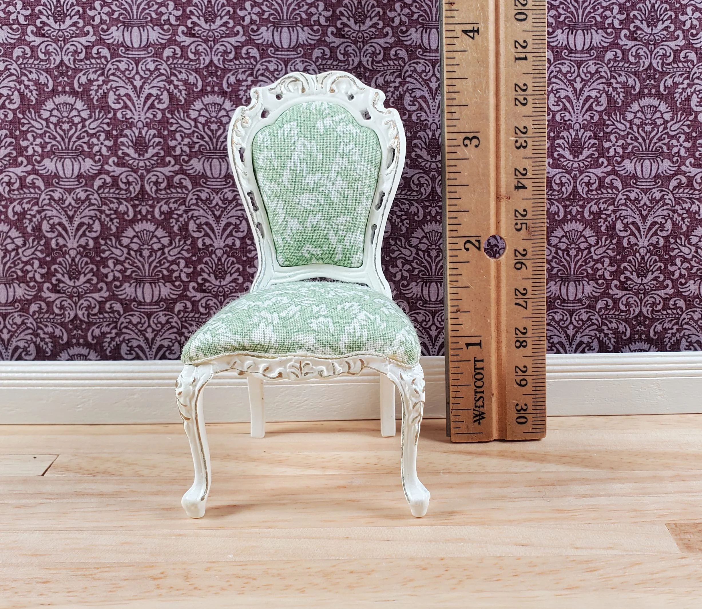 Dollhouse White & Gold Side Chair Green Fern Fabric 1:12 Scale Furniture Hansson - Image 4