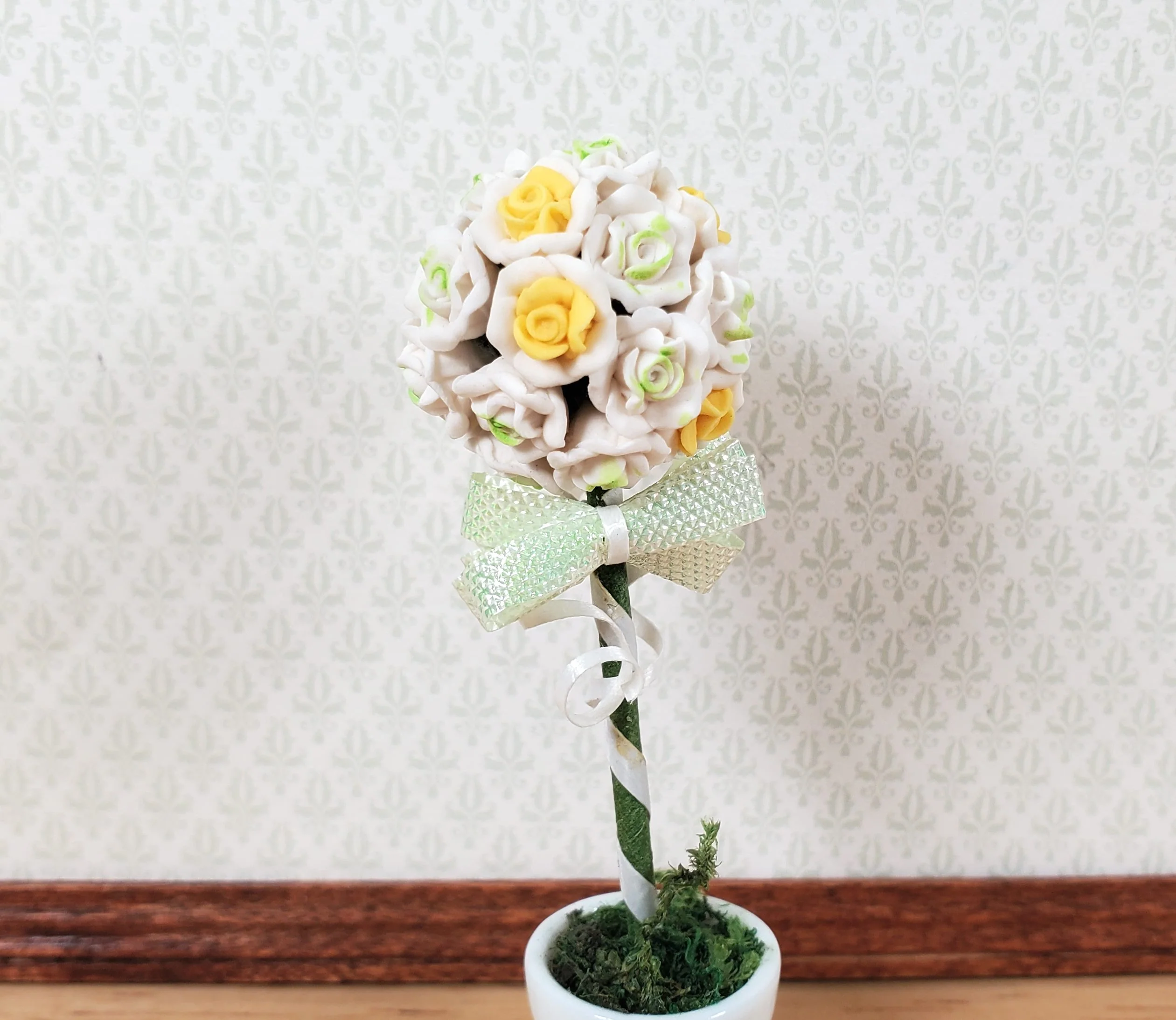 Dollhouse White Rose Wedding Topiary in a White Ceramic Pot 1:12 Scale Miniature - Image 2