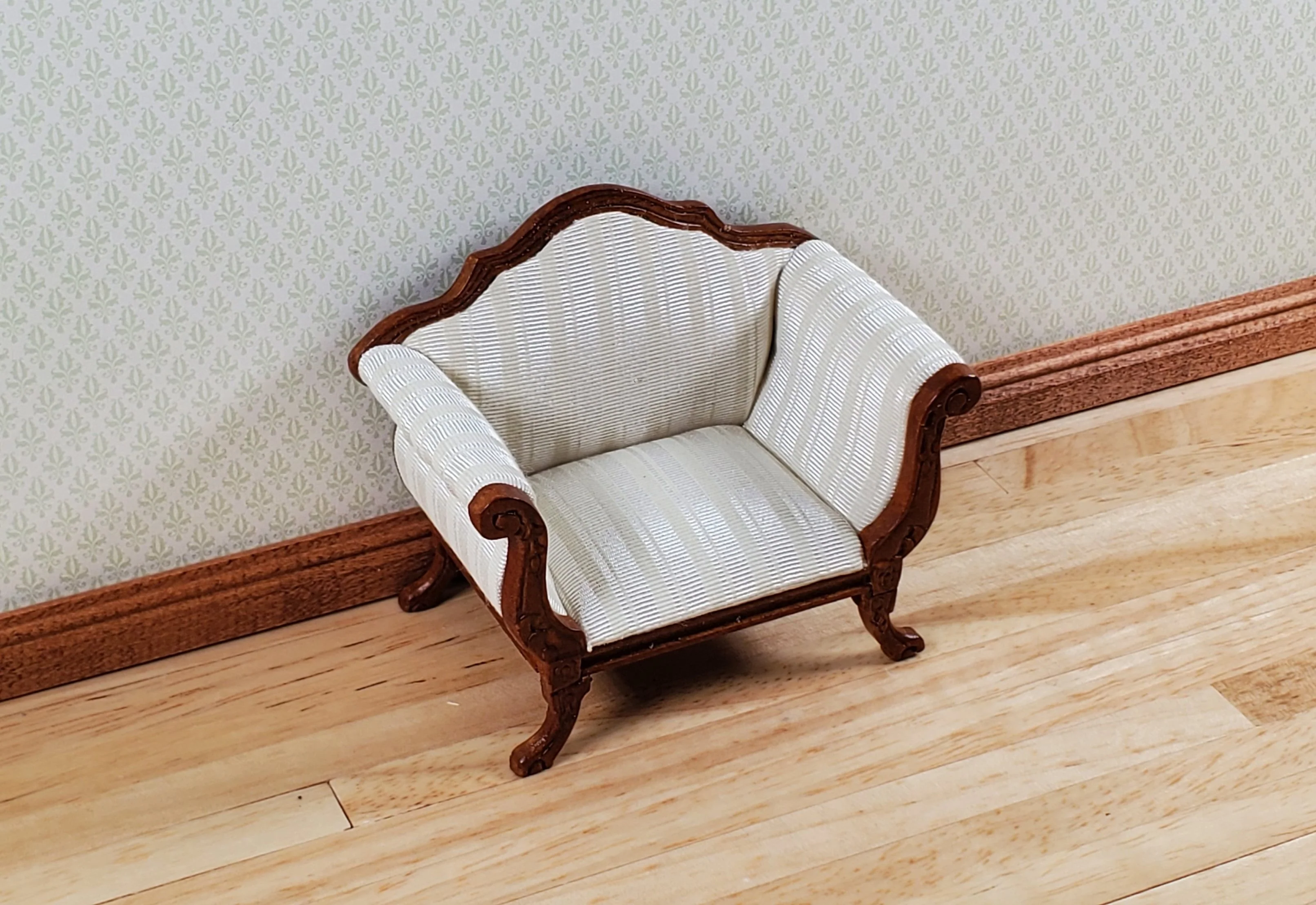 Dollhouse Wide Chair Victorian Cream Striped Fabric 1:12 Scale Furniture Hansson - Image 2