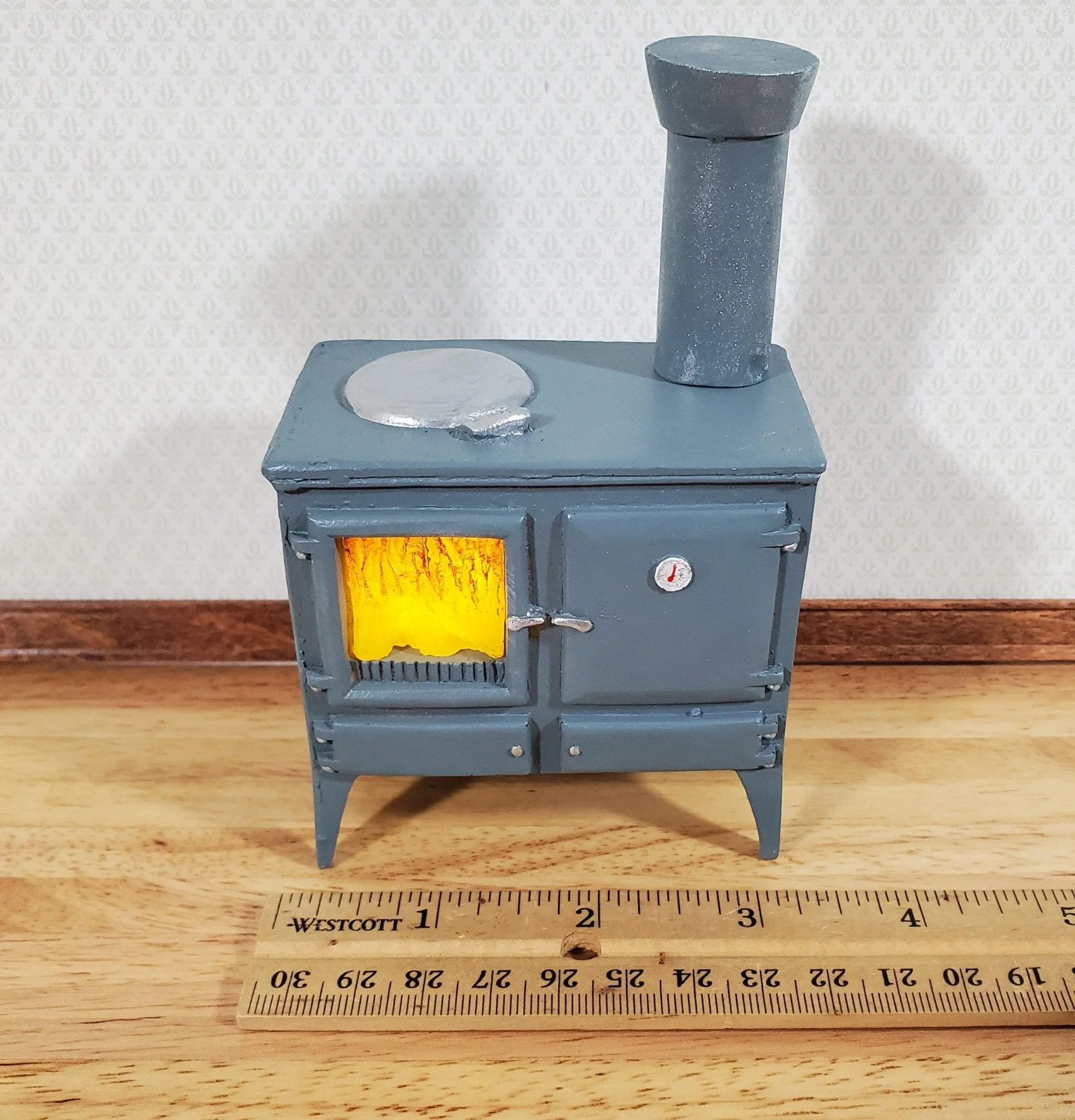 Dollhouse Wood Burning Stove Vintage Style w/ Chimney 1:12 Scale Hole for Light - Image 6