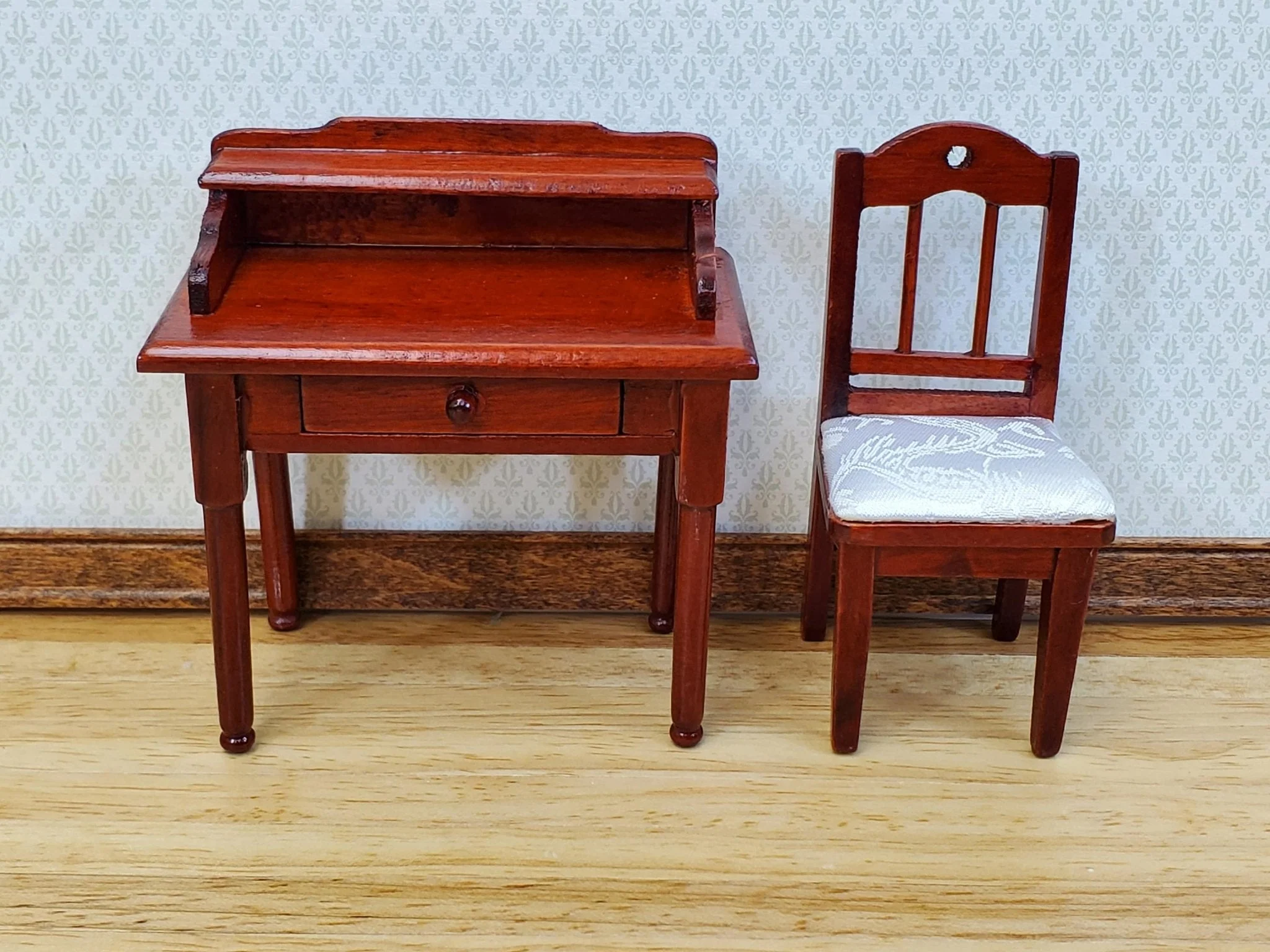 Dollhouse Writing Desk with Chair Mahogany Finish Small Profile 1:12 Scale Furniture - Image 2