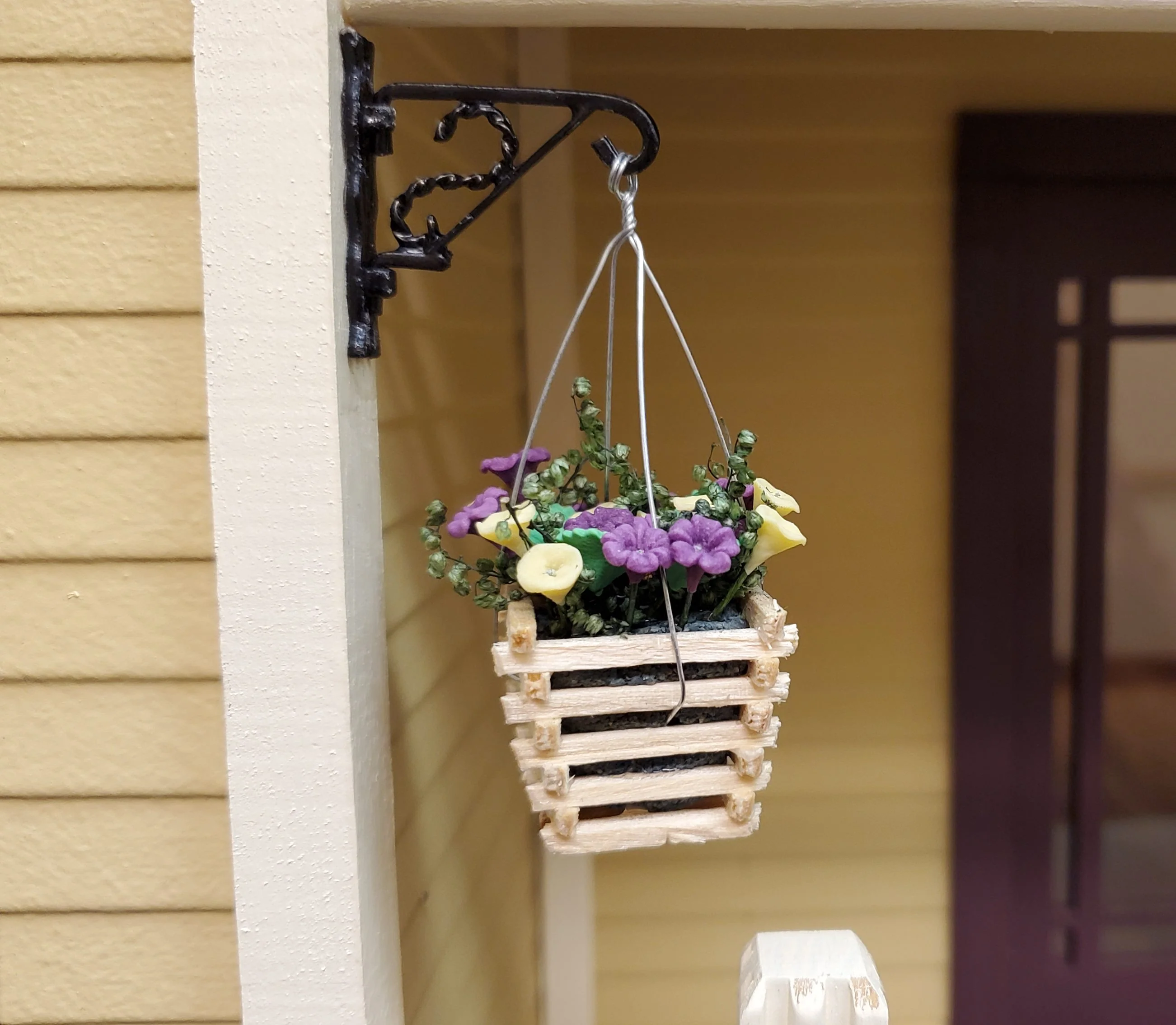 Dollhouse Yellow & Lavender Flowers in Wood Hanging Basket 1:12 Scale Miniature - Image 2