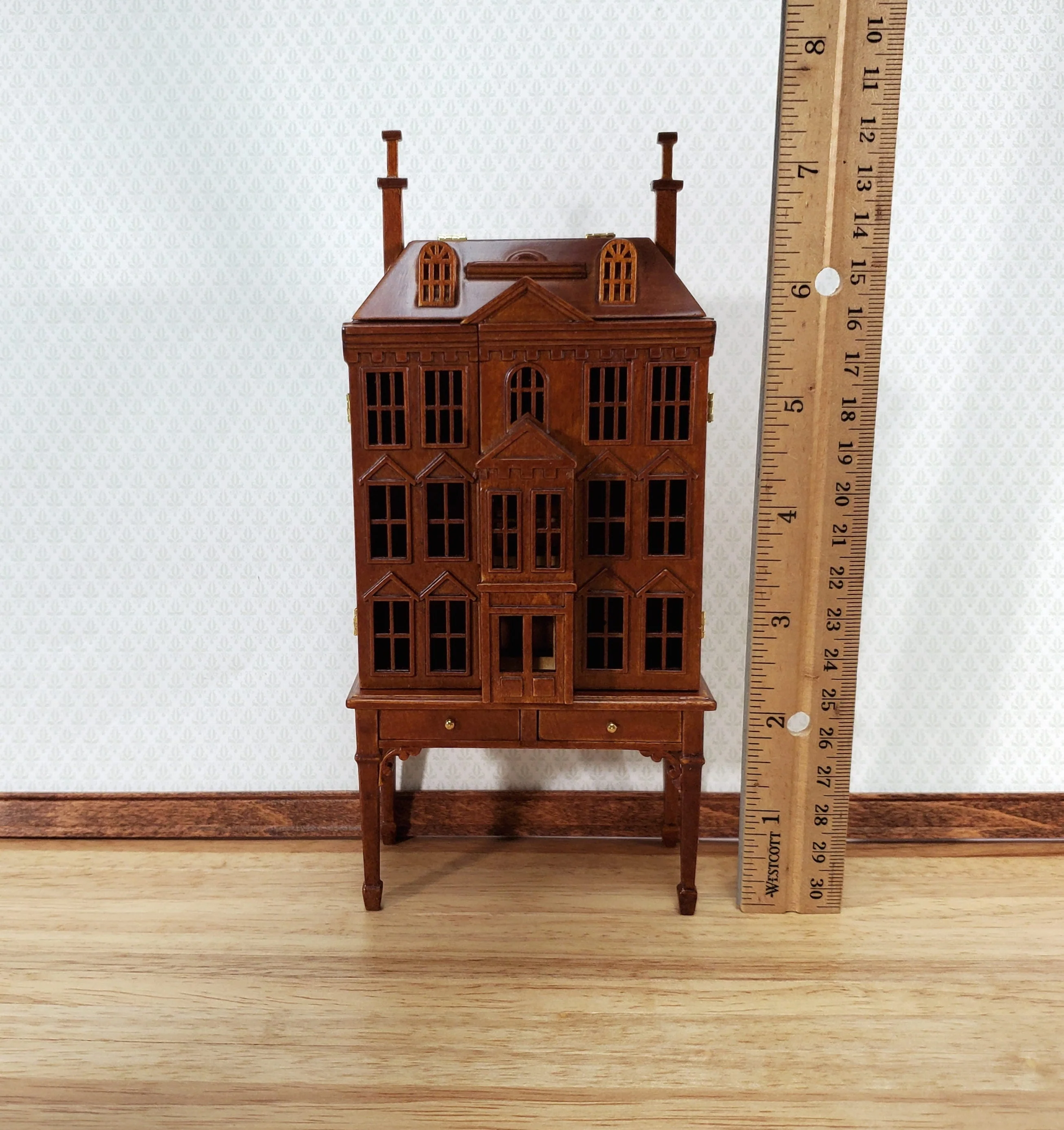 1:144 Scale Dollhouse with Table Walnut Finish 4 Level Front Opening by JBM - Image 6