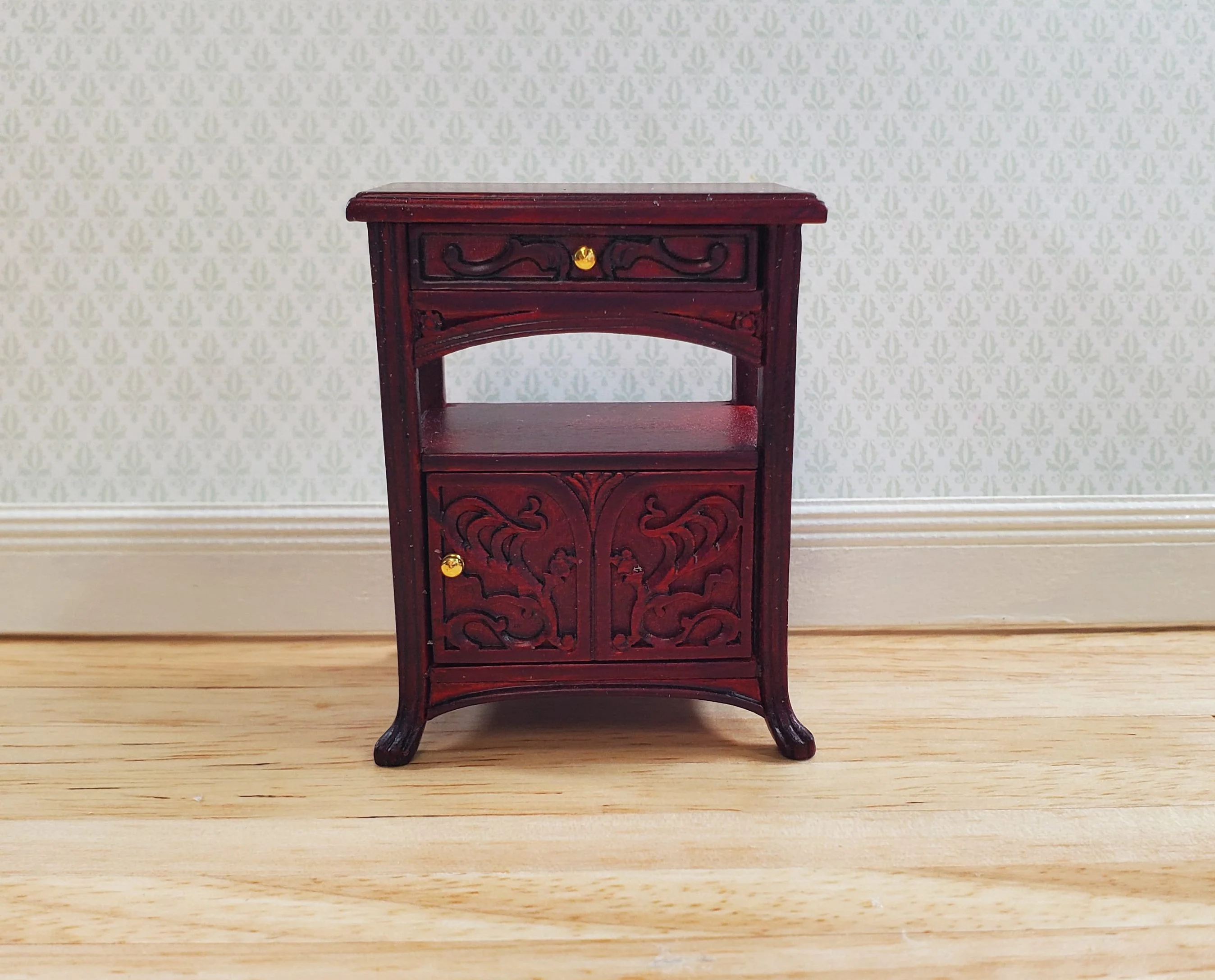 JBM Dollhouse Art Nouveau Side Table Nightstand 1:12 Scale Mahogany Finish - Image 2
