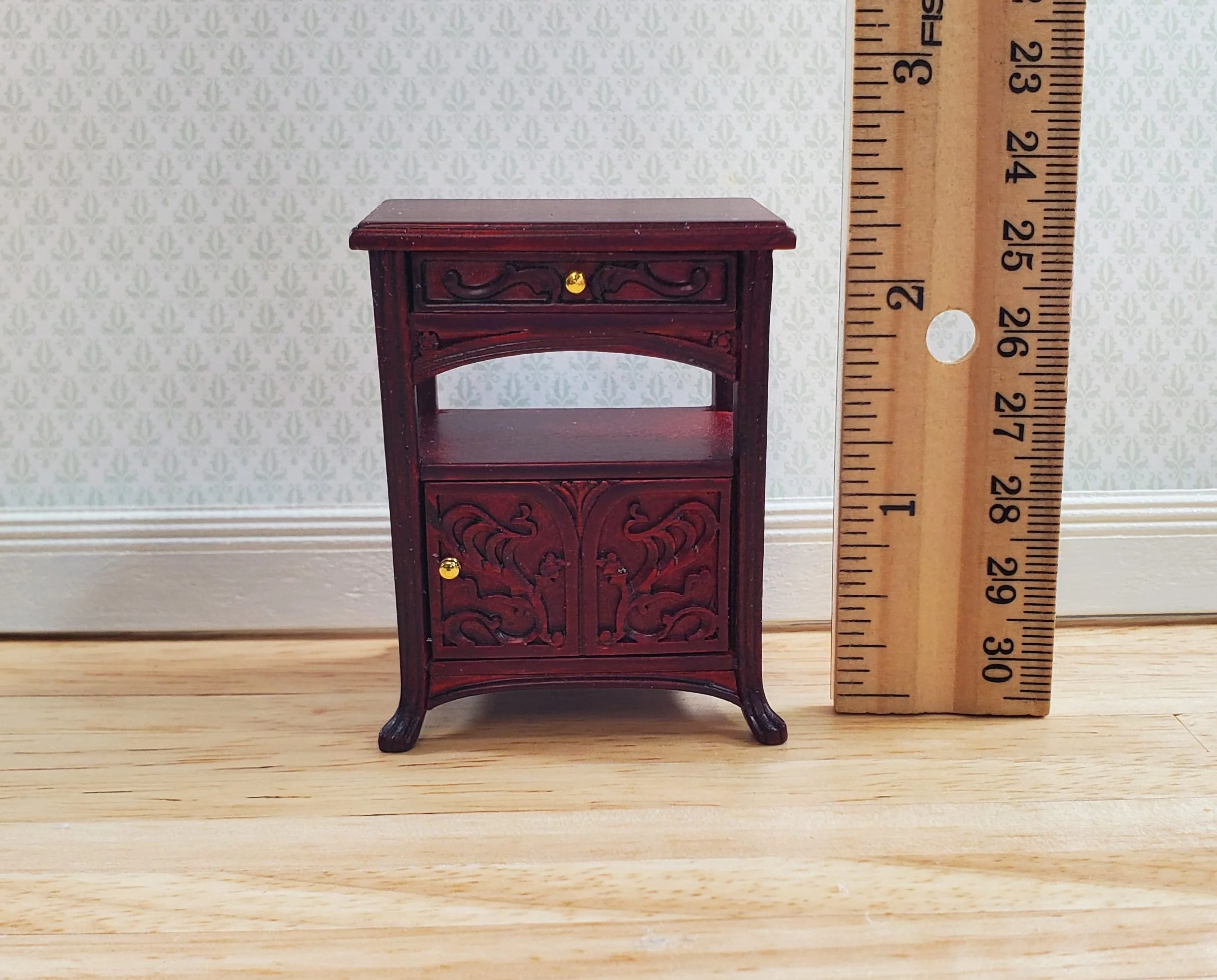 JBM Dollhouse Art Nouveau Side Table Nightstand 1:12 Scale Mahogany Finish - Image 4