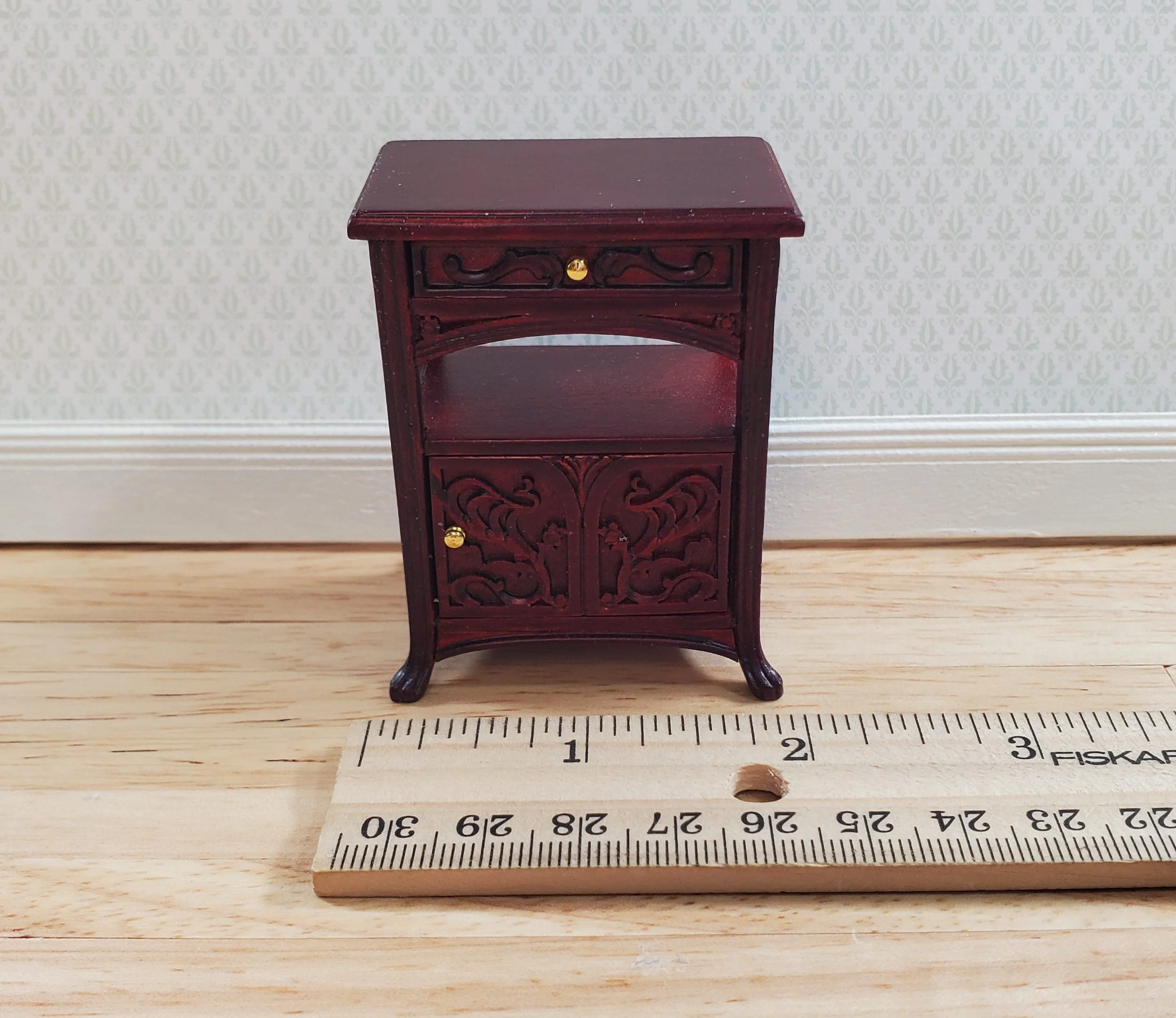 JBM Dollhouse Art Nouveau Side Table Nightstand 1:12 Scale Mahogany Finish - Image 5