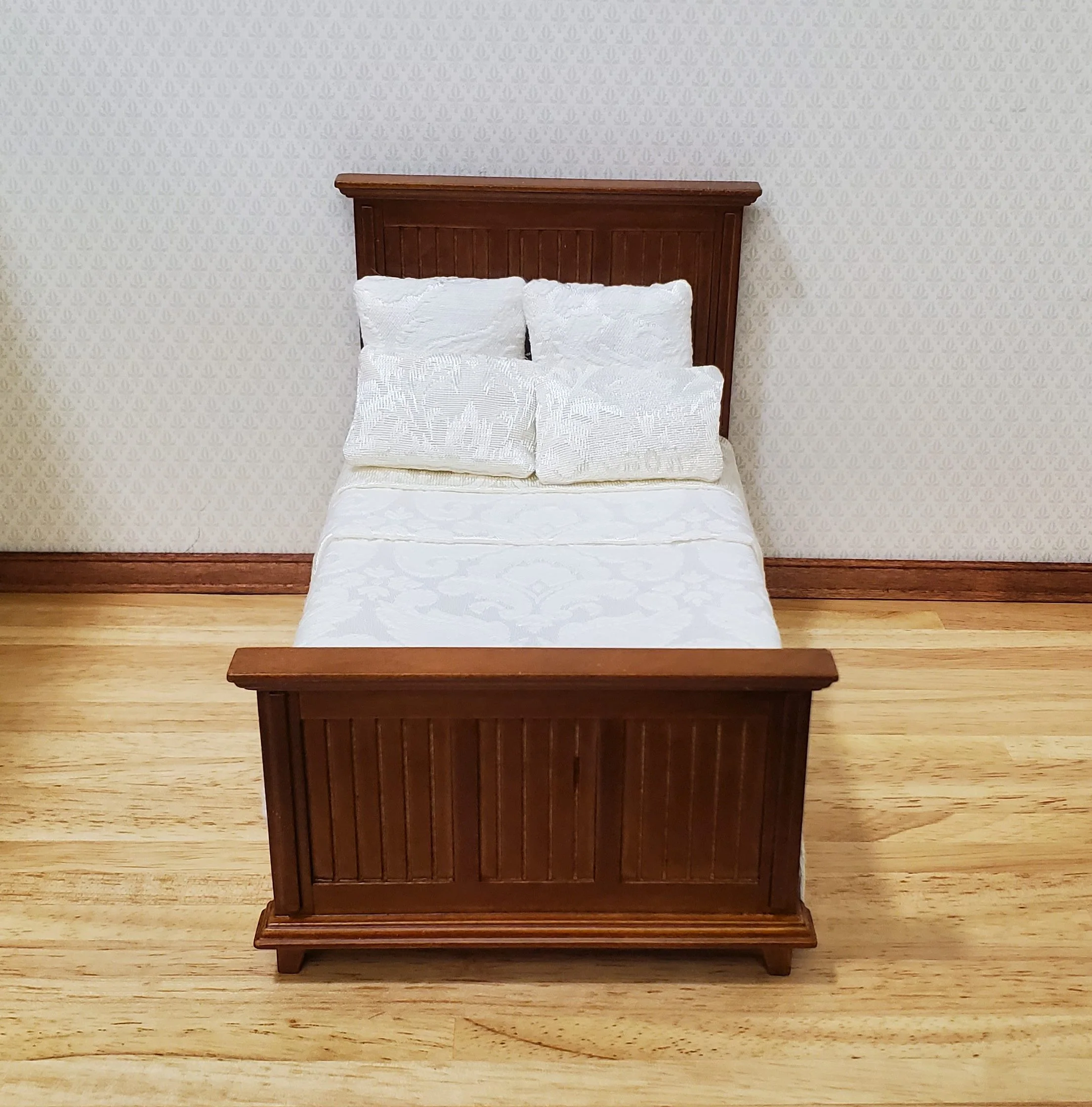 JBM Dollhouse Bed Farmhouse Country Style Walnut Finish 1:12 Miniature Furniture - Image 3