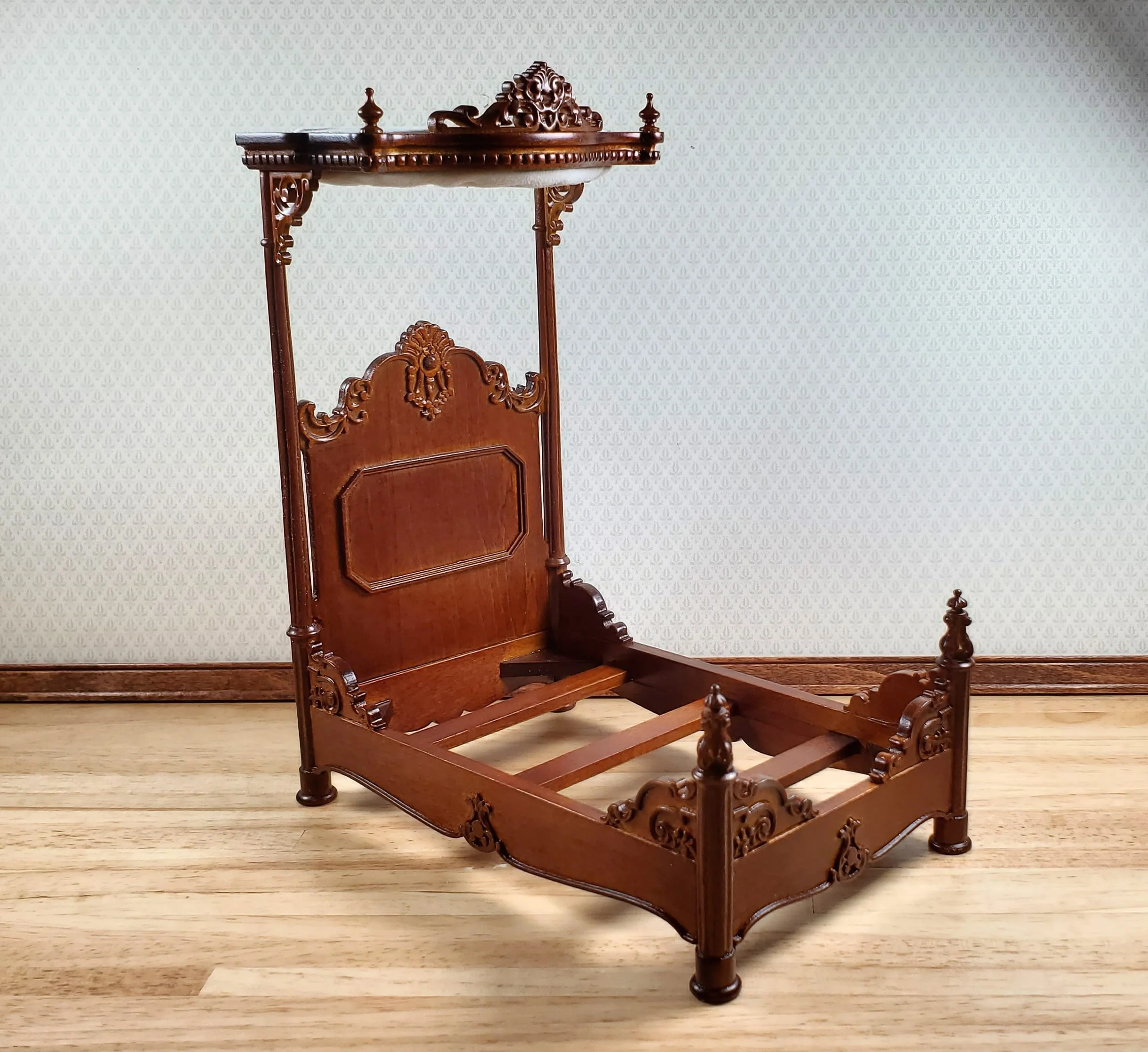 JBM Dollhouse Bed Large Victorian with Canopy 1:12 Scale Furniture Walnut Finish - Image 6