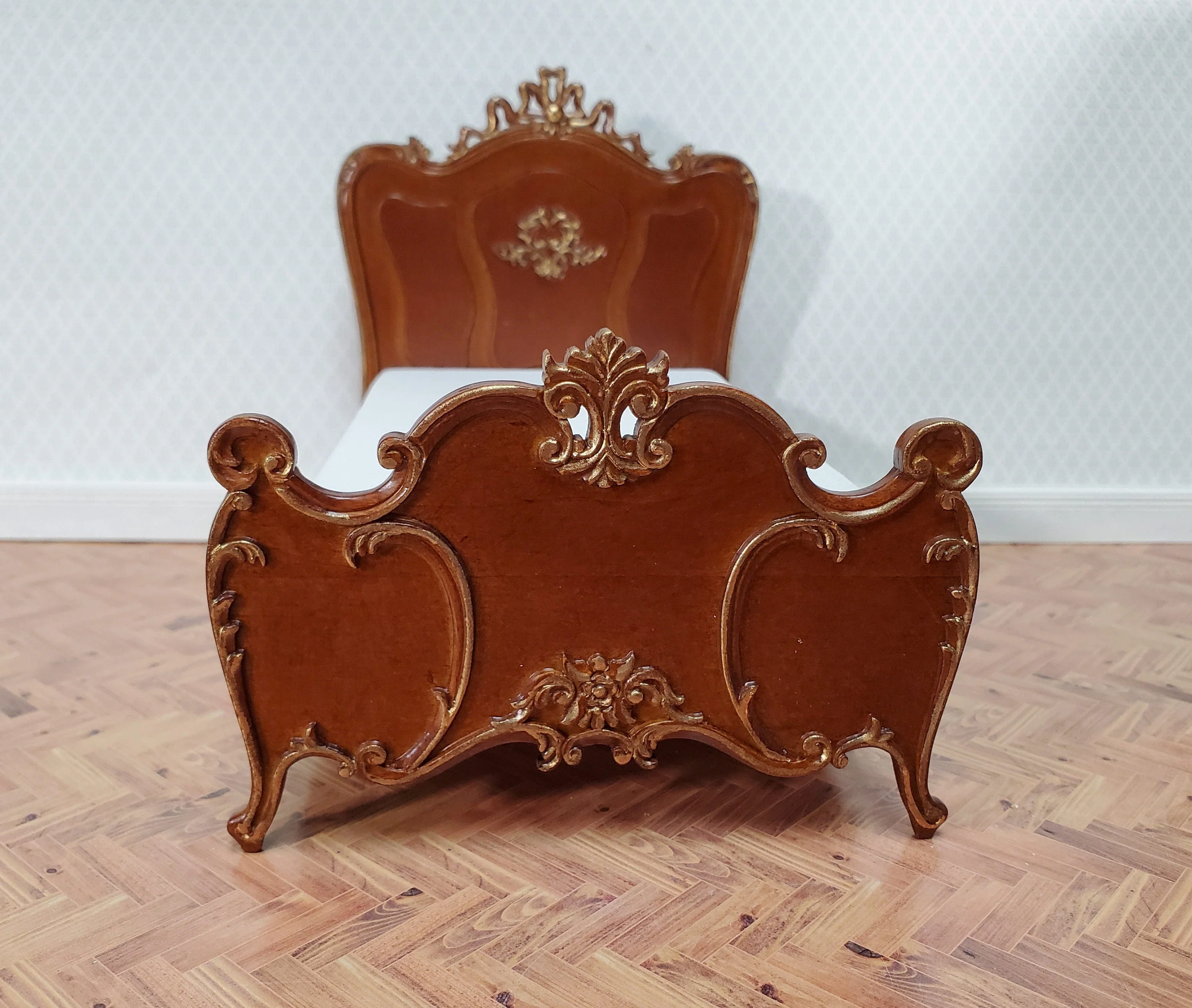 JBM Dollhouse Bed Late Victorian Era Style 1:12 Miniature Furniture Walnut Finish - Image 3