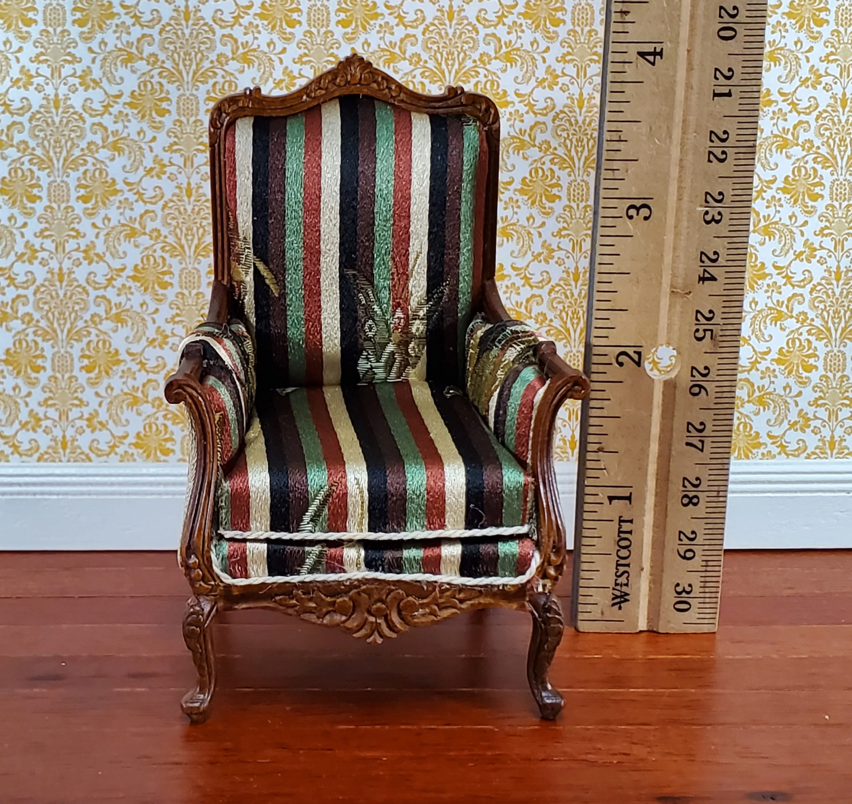 JBM Dollhouse Chair Victorian Style Striped Neutral Fabric 1:12 Scale Furniture - Image 4