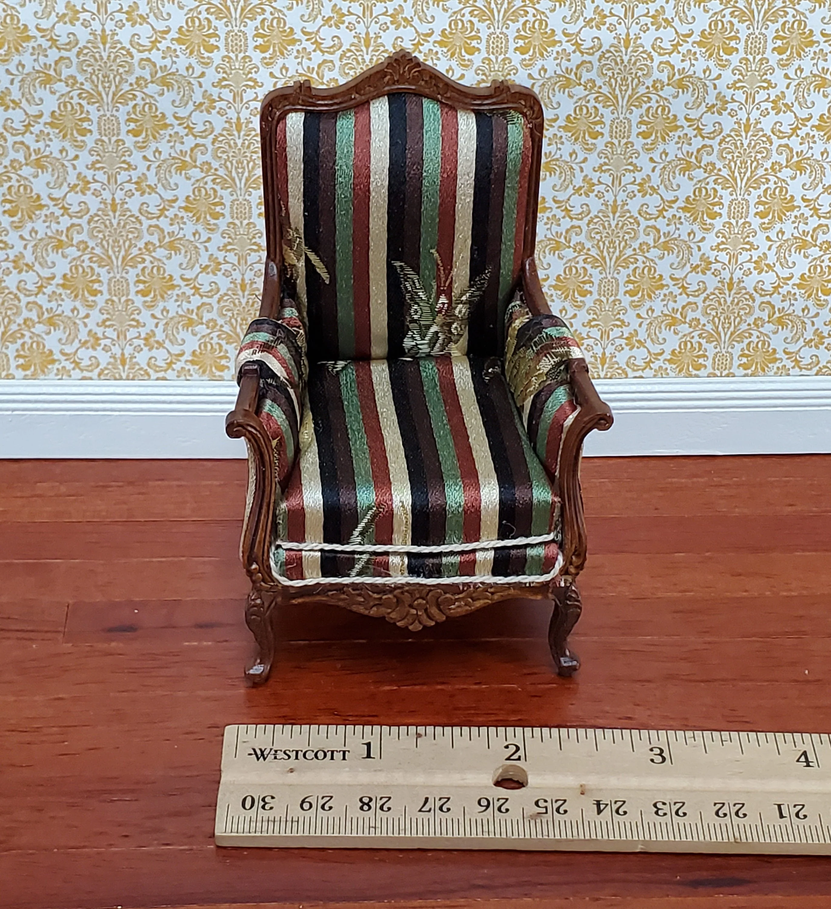 JBM Dollhouse Chair Victorian Style Striped Neutral Fabric 1:12 Scale Furniture - Image 5
