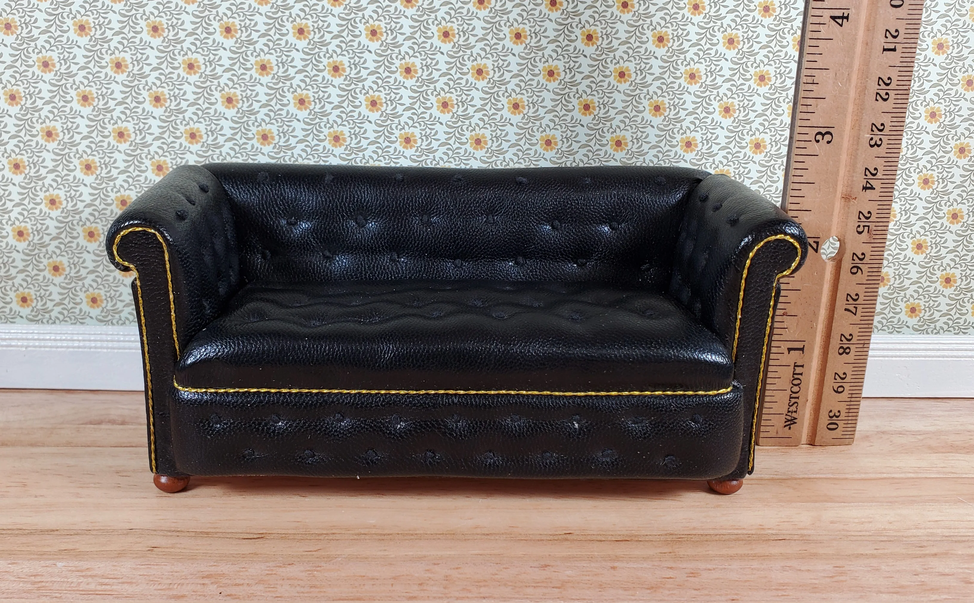 JBM Dollhouse Chesterfield Sofa Black Tufted Faux Leather 1:12 Scale Furniture - Image 5