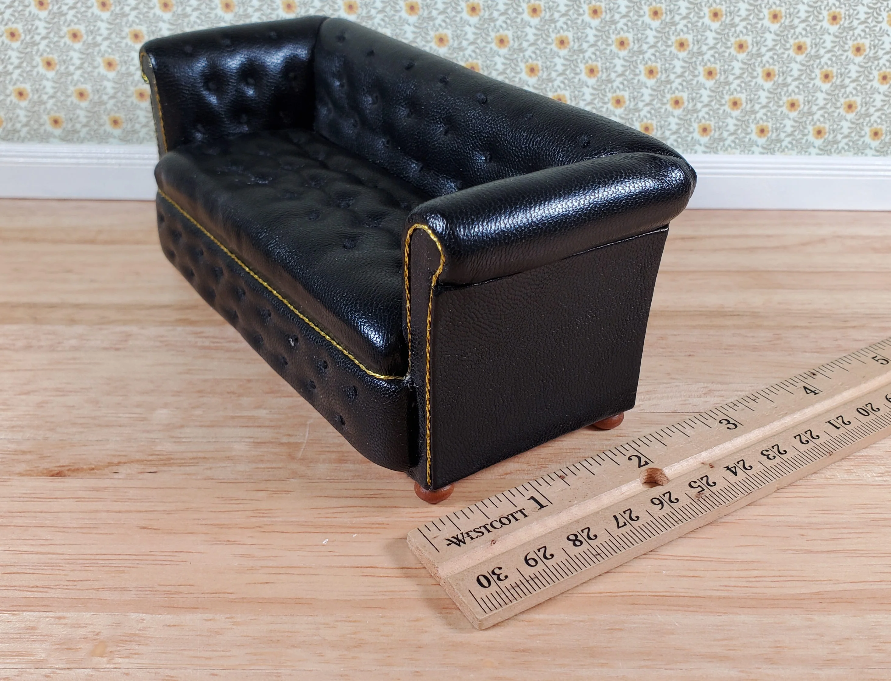 JBM Dollhouse Chesterfield Sofa Black Tufted Faux Leather 1:12 Scale Furniture - Image 7