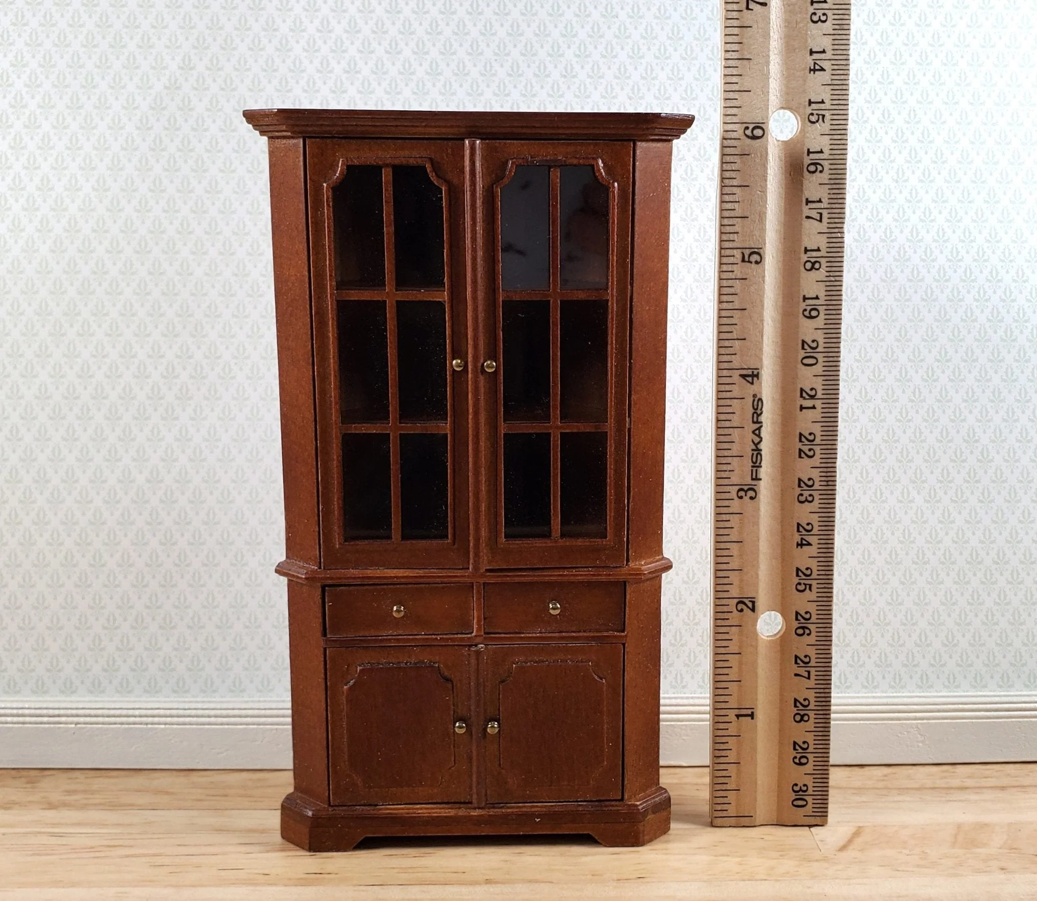 JBM Dollhouse Corner Cabinet Hutch 1:12 Scale Miniature Furniture Walnut Finish - Image 7