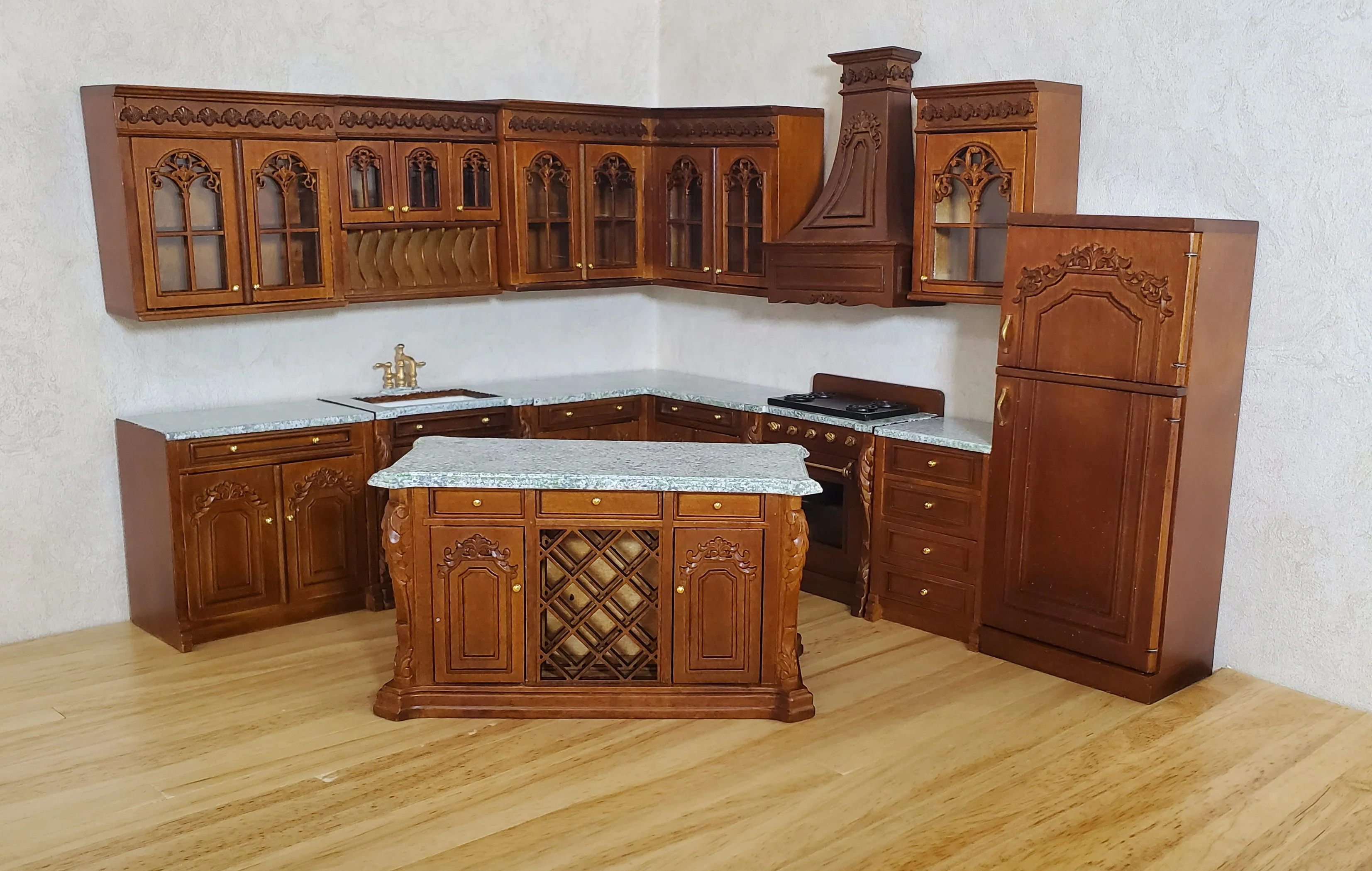 JBM Dollhouse Deluxe Kitchen Set 12 Pcs Stove Sink Cupboards Fridge Walnut 1:12 - Image 5