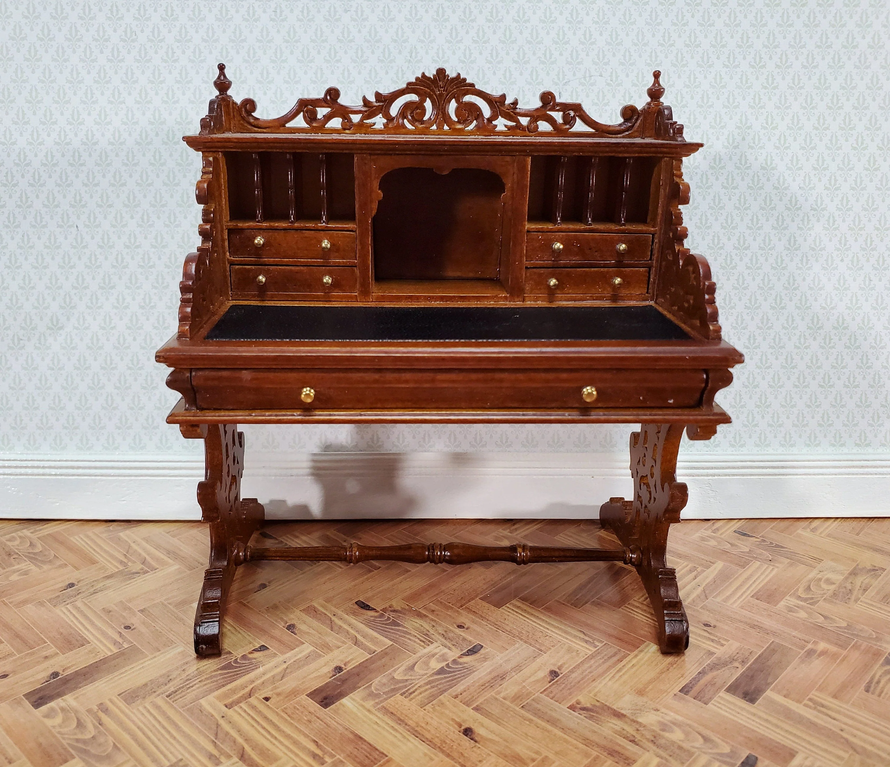 JBM Dollhouse Desk Italian Renaissance Style Furniture 1:12 Scale Miniature Walnut Finish - Image 2