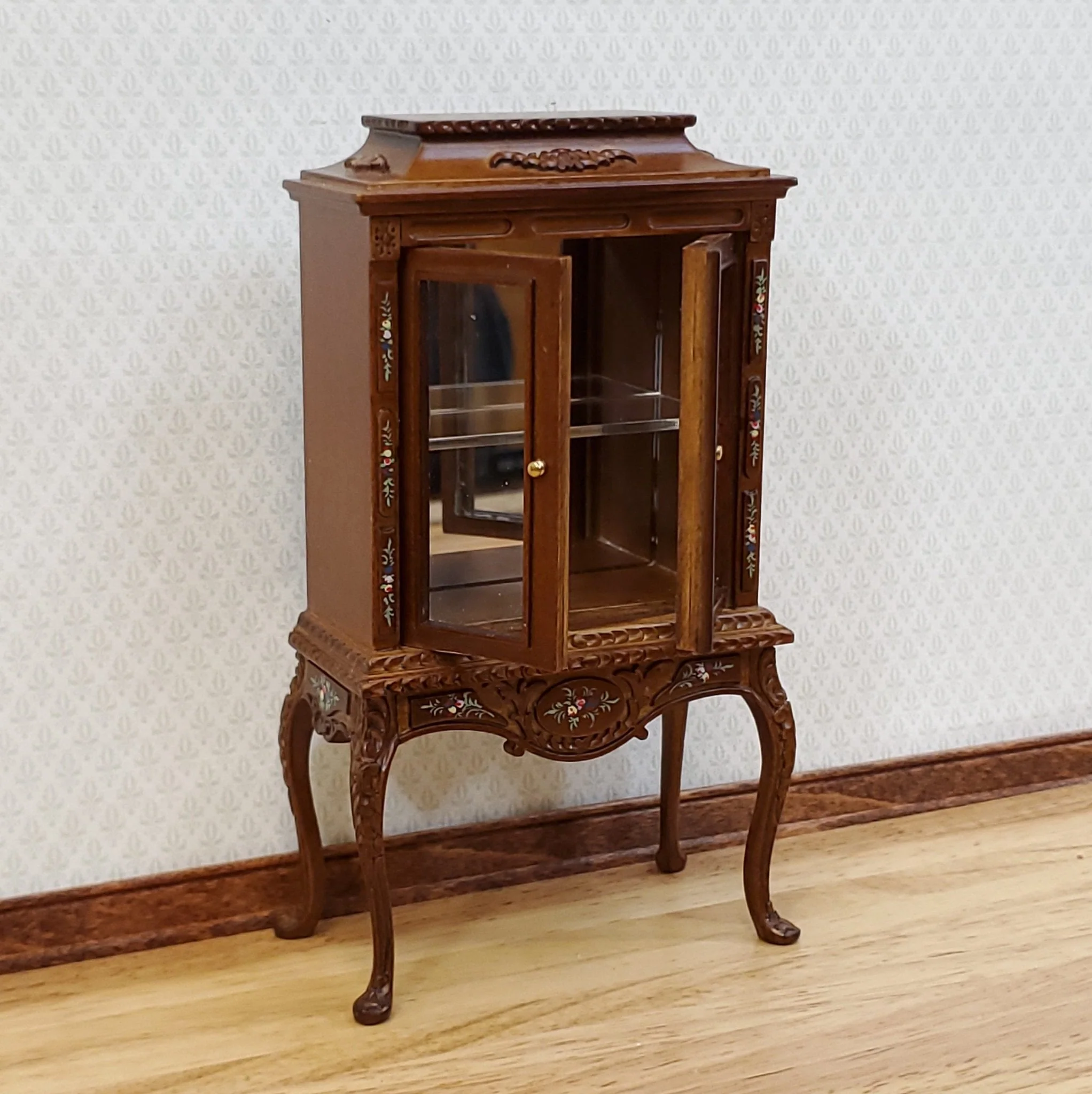 JBM Dollhouse Display Cabinet Hand Painted Details 1:12 Scale Furniture Walnut Finish - Image 3