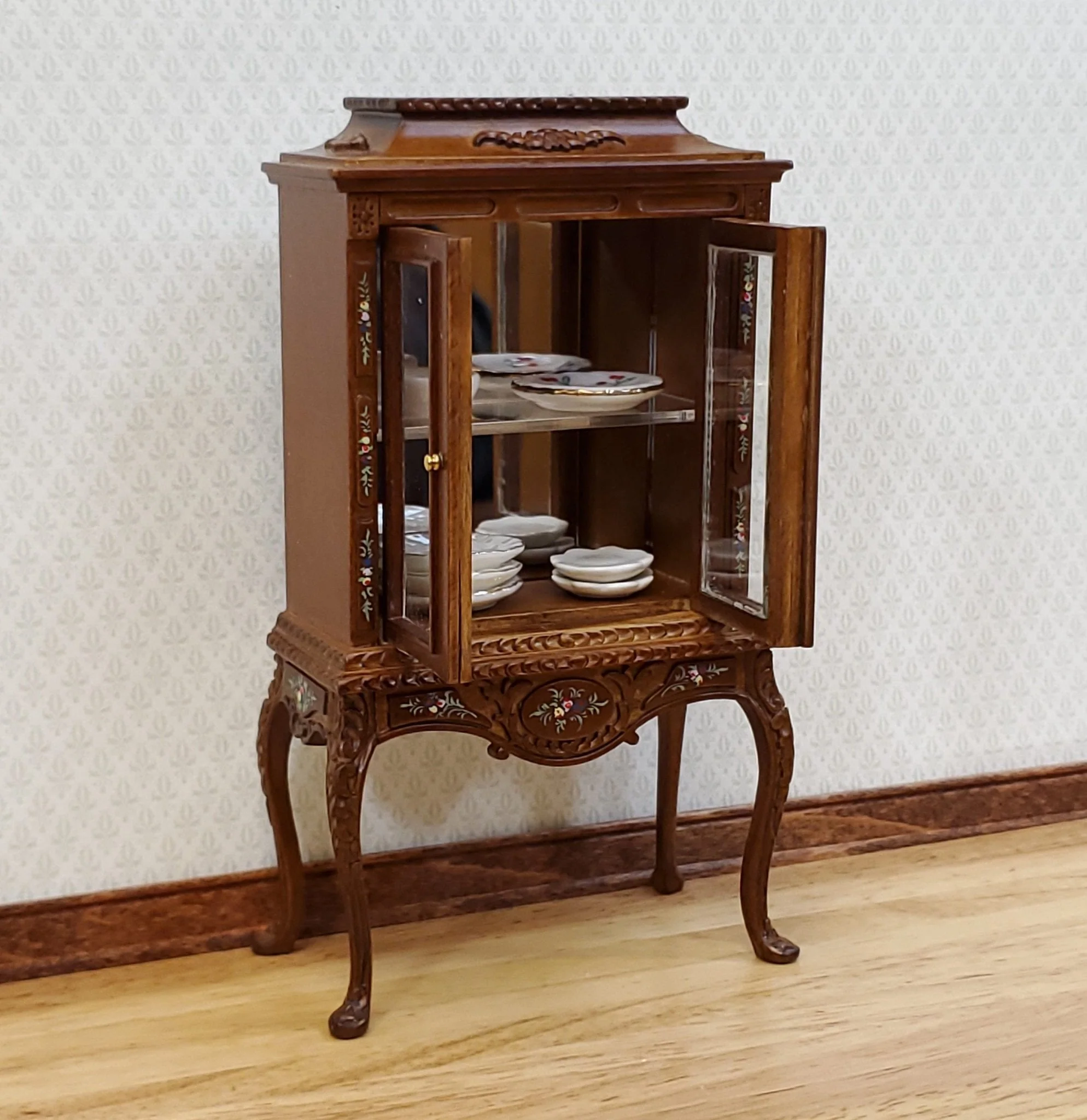 JBM Dollhouse Display Cabinet Hand Painted Details 1:12 Scale Furniture Walnut Finish - Image 5