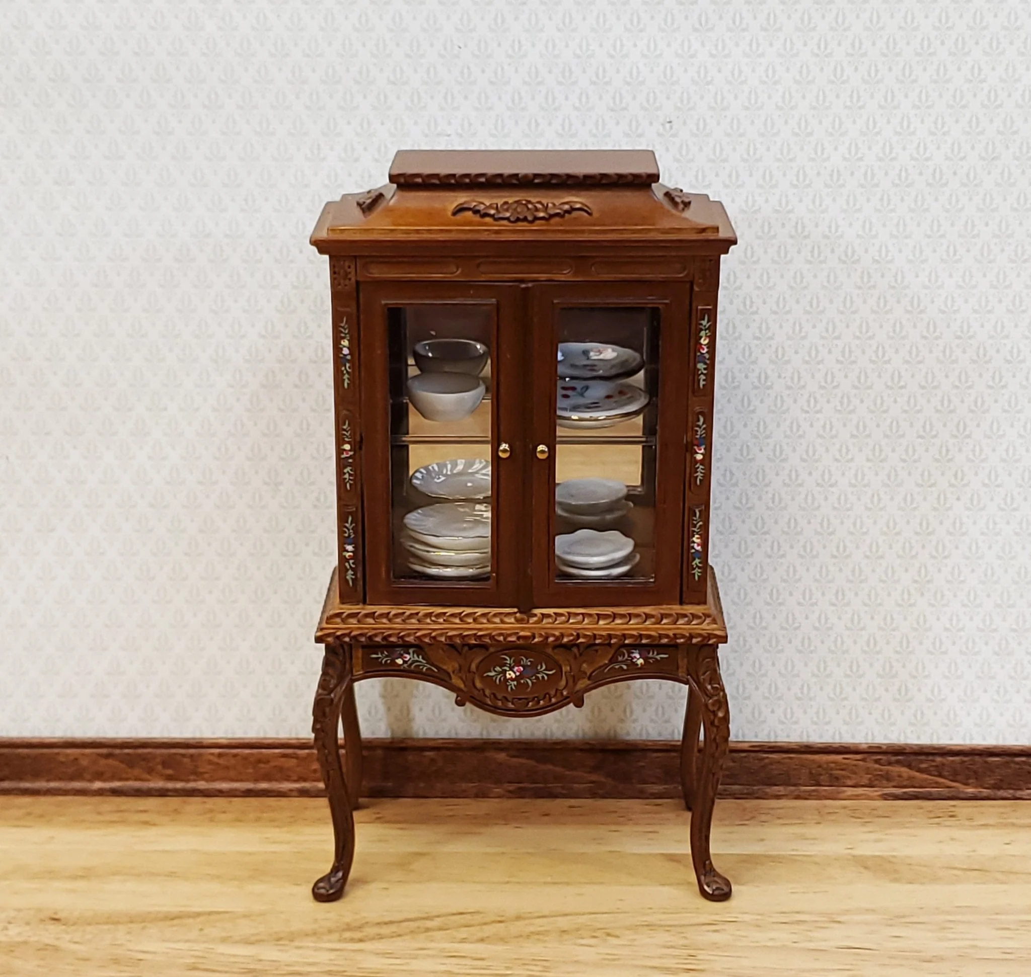 JBM Dollhouse Display Cabinet Hand Painted Details 1:12 Scale Furniture Walnut Finish - Image 6