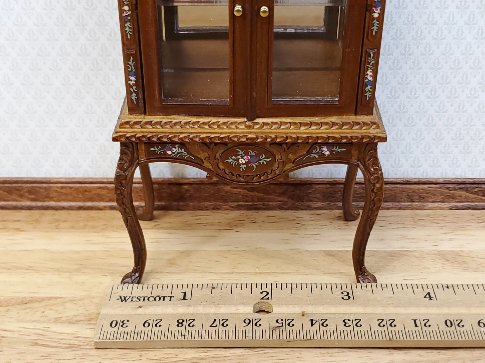 JBM Dollhouse Display Cabinet Hand Painted Details 1:12 Scale Furniture Walnut Finish - Image 8