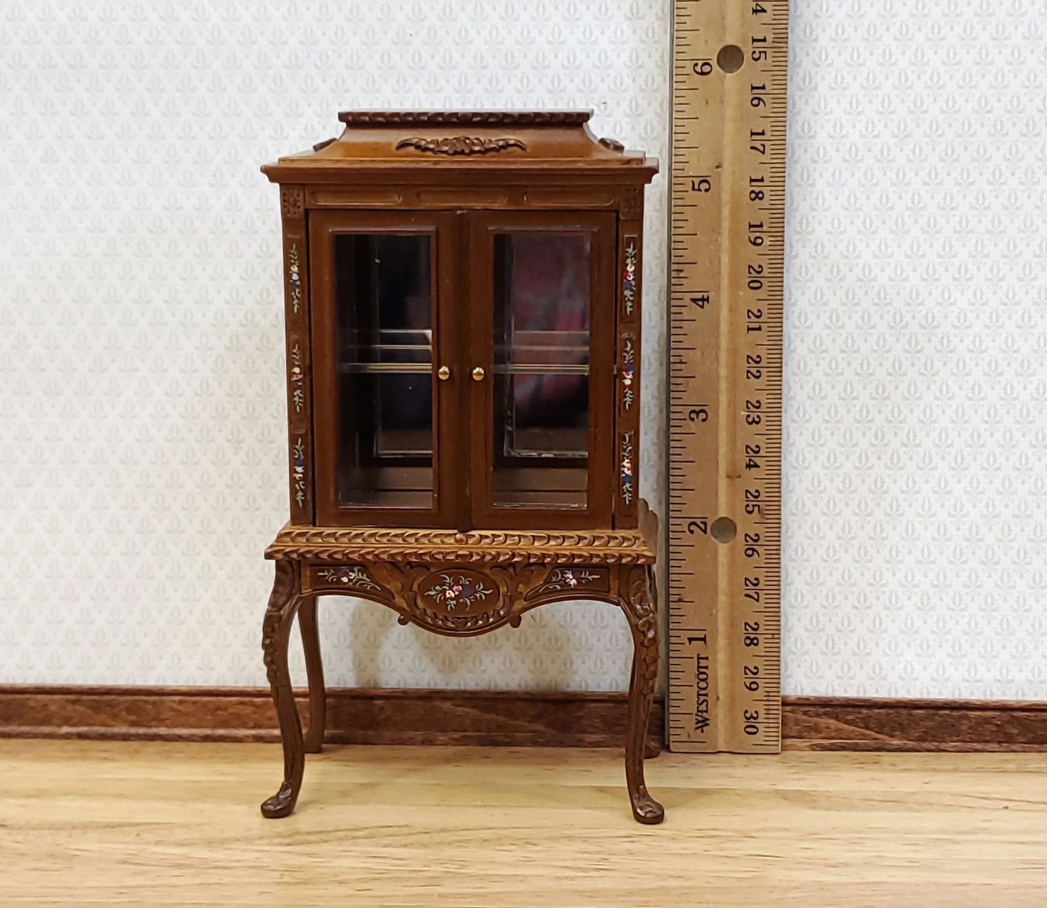 JBM Dollhouse Display Cabinet Hand Painted Details 1:12 Scale Furniture Walnut Finish - Image 9