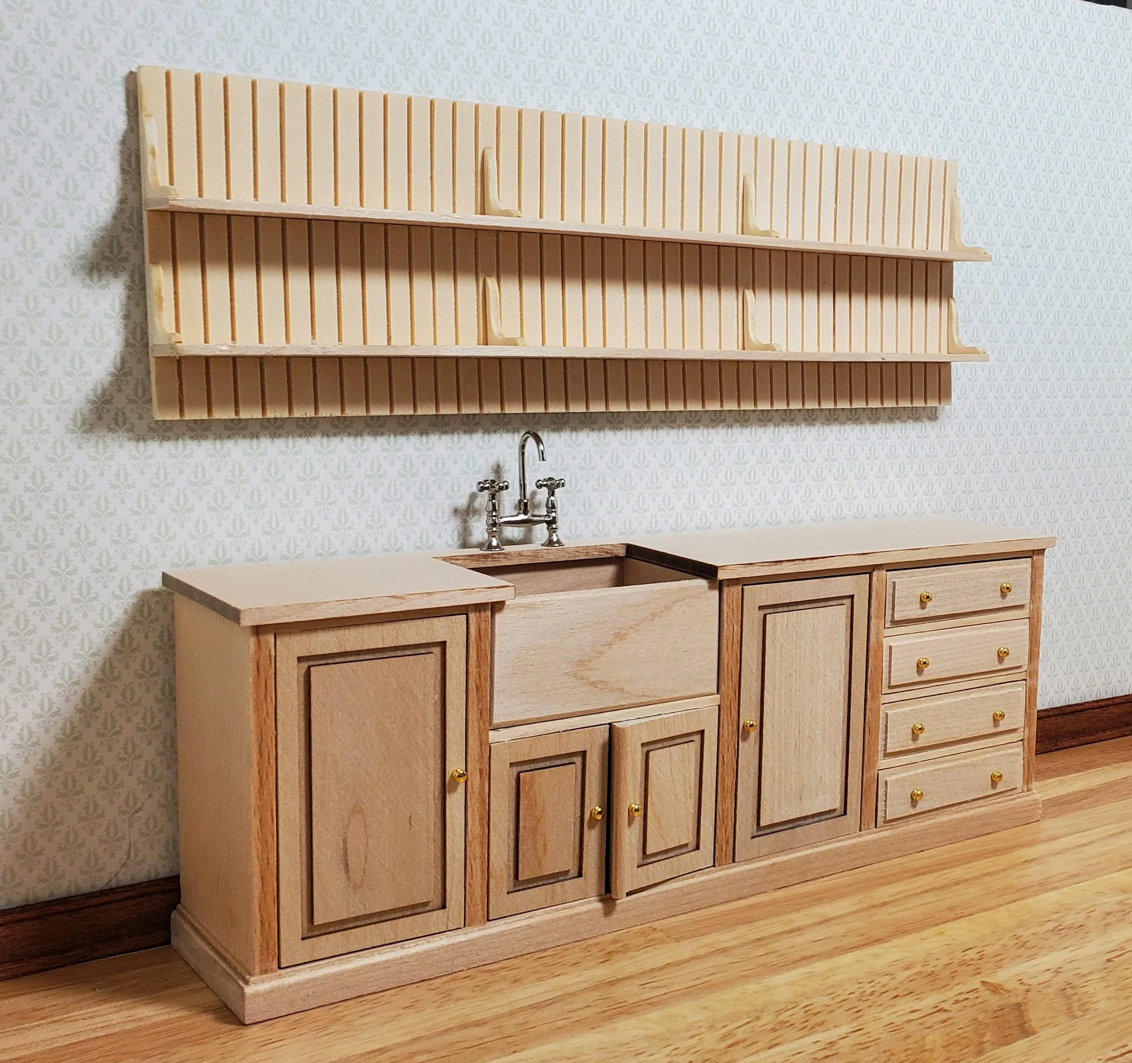 JBM Dollhouse Kitchen Sink & Plate Shelf Farmhouse Style Unfinished 1:12 Scale - Image 2