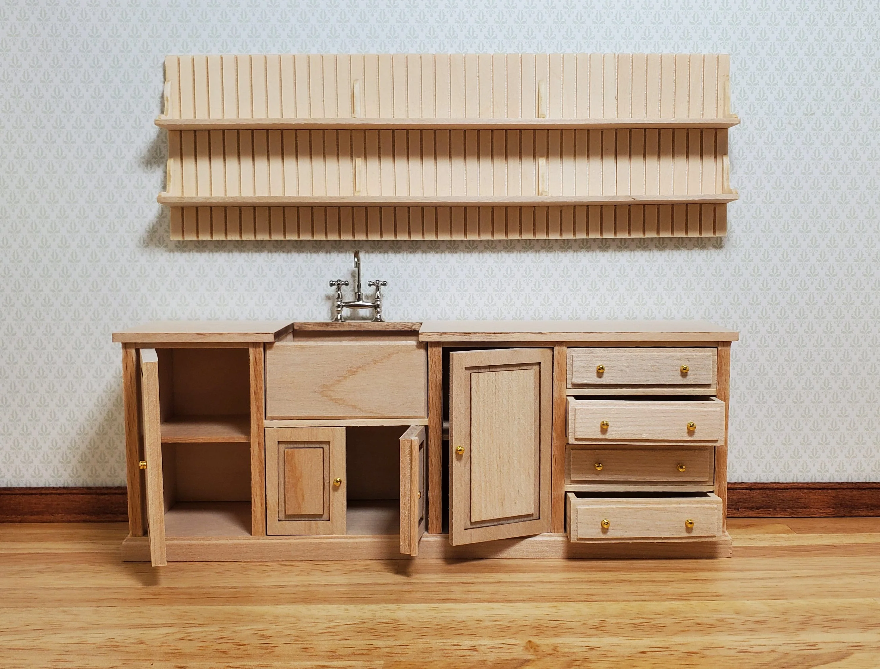 JBM Dollhouse Kitchen Sink & Plate Shelf Farmhouse Style Unfinished 1:12 Scale - Image 3