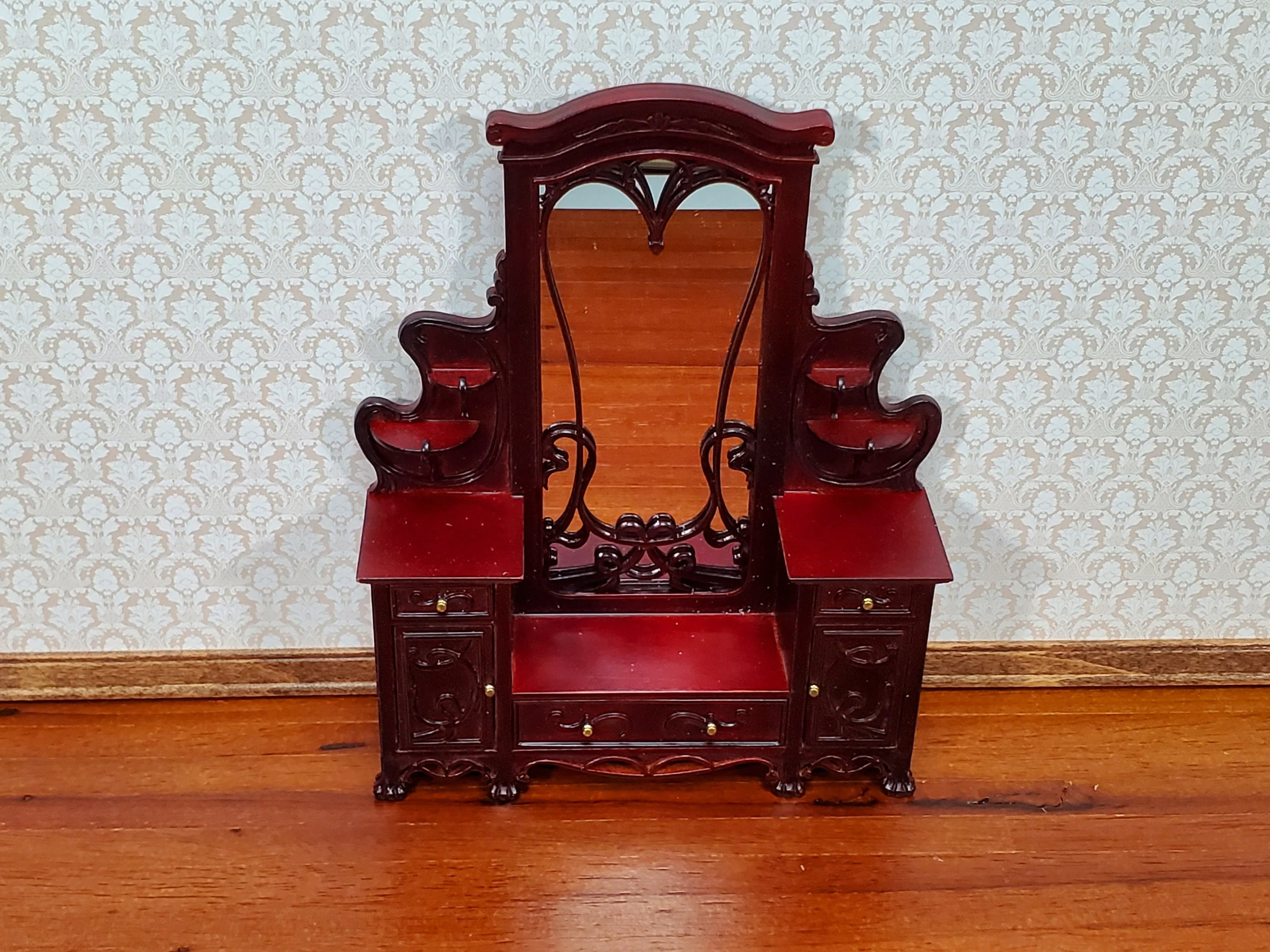 Dollhouse Dressing Table w/ Mirror Art Nouveau Style Mahogany Finish 1:12 Scale - Image 3