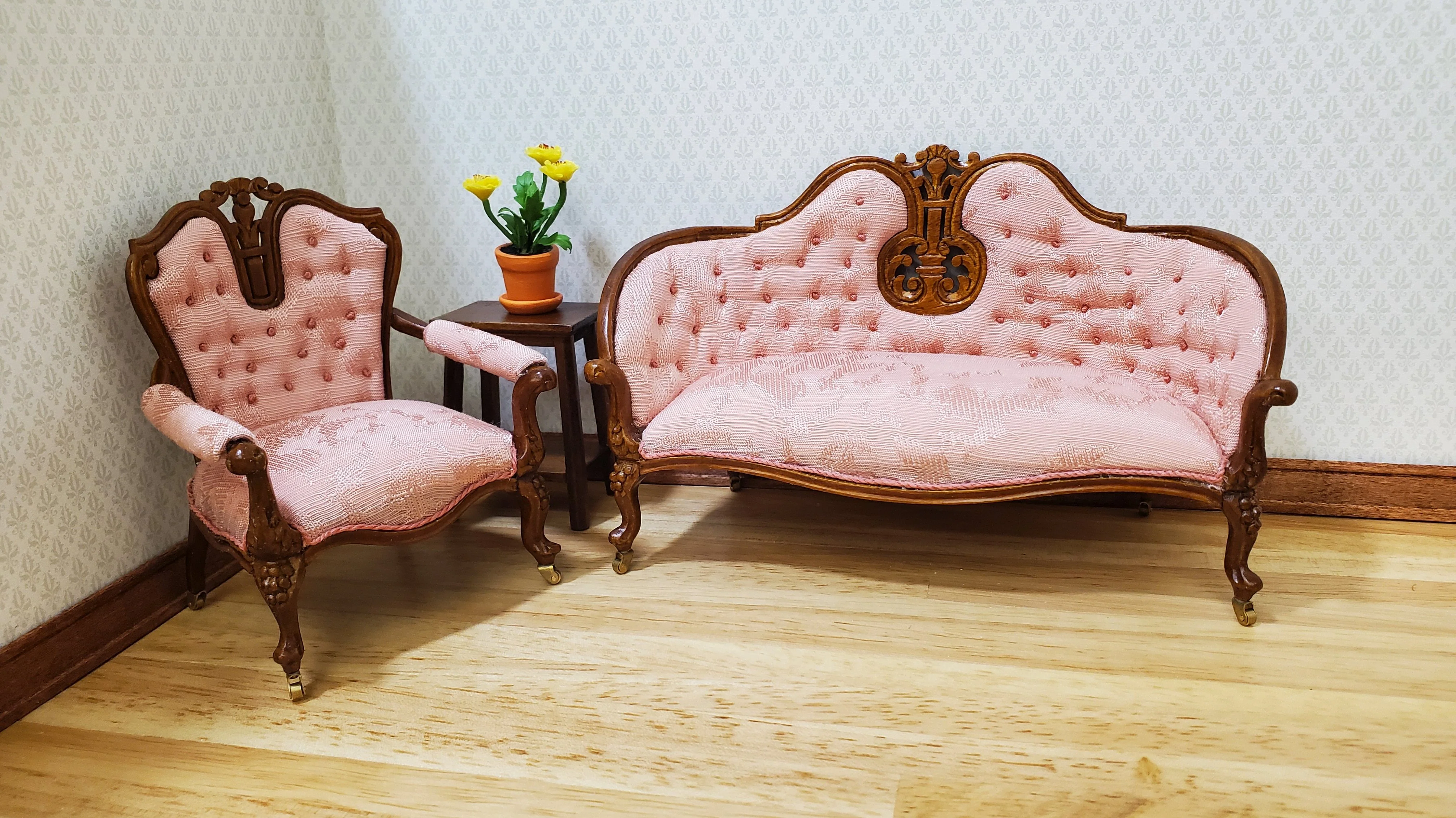 JBM Dollhouse Pink Arm Chair Victorian Style Walnut Finish 1:12 Scale - Image 4