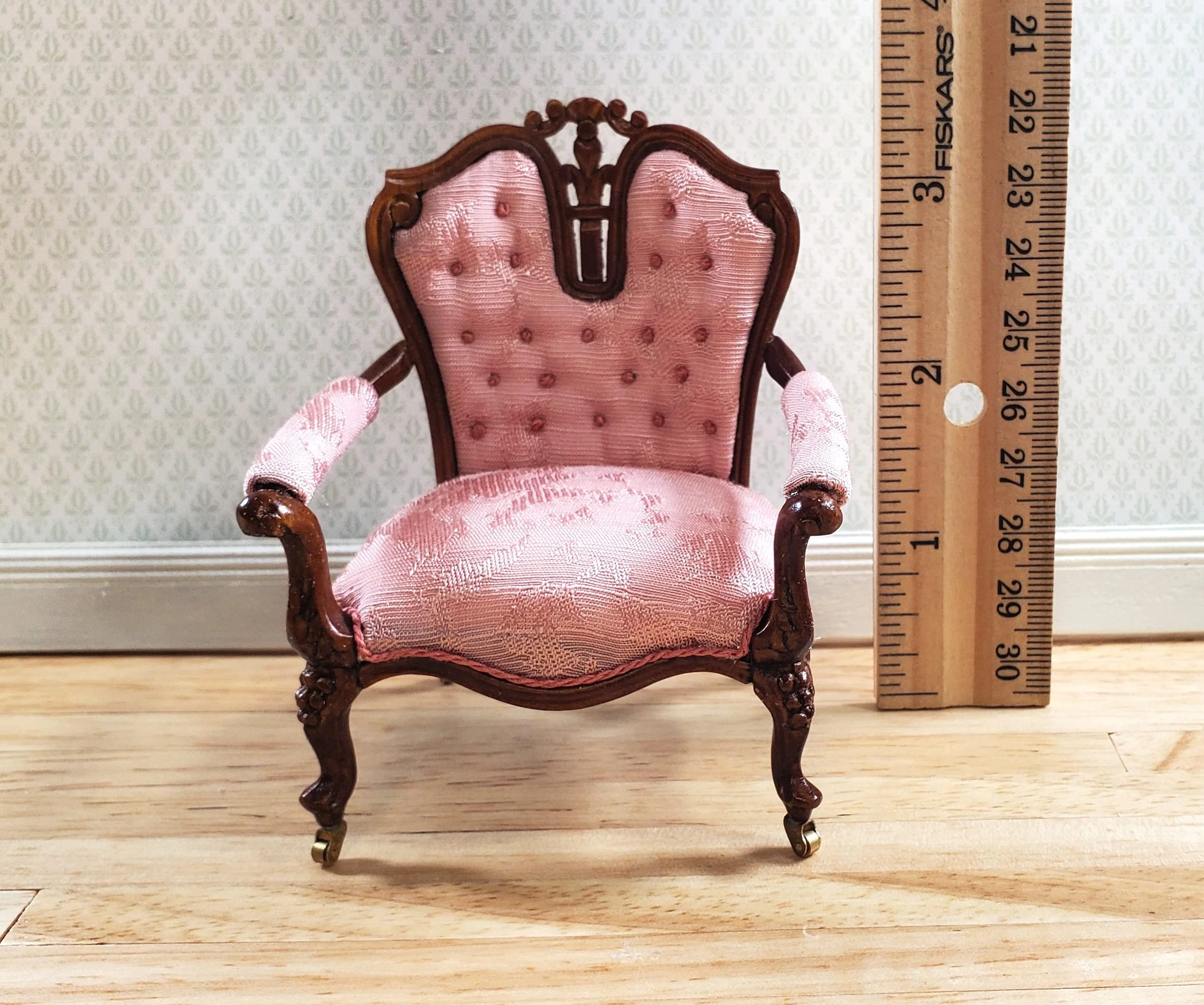 JBM Dollhouse Pink Arm Chair Victorian Style Walnut Finish 1:12 Scale - Image 5