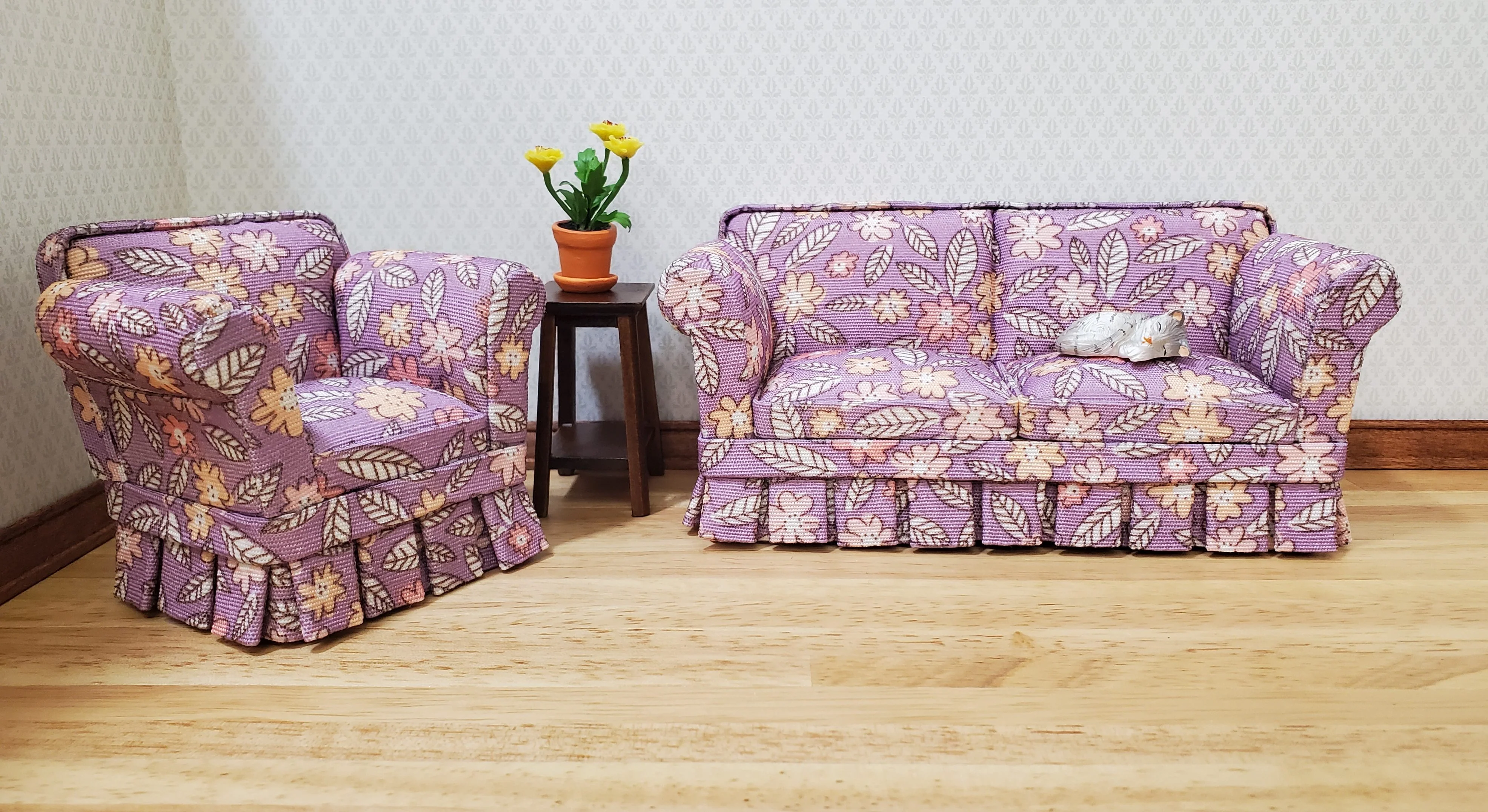 JBM Dollhouse Sofa Couch Purple Floral Modern Style 1:12 Scale Furniture - Image 3