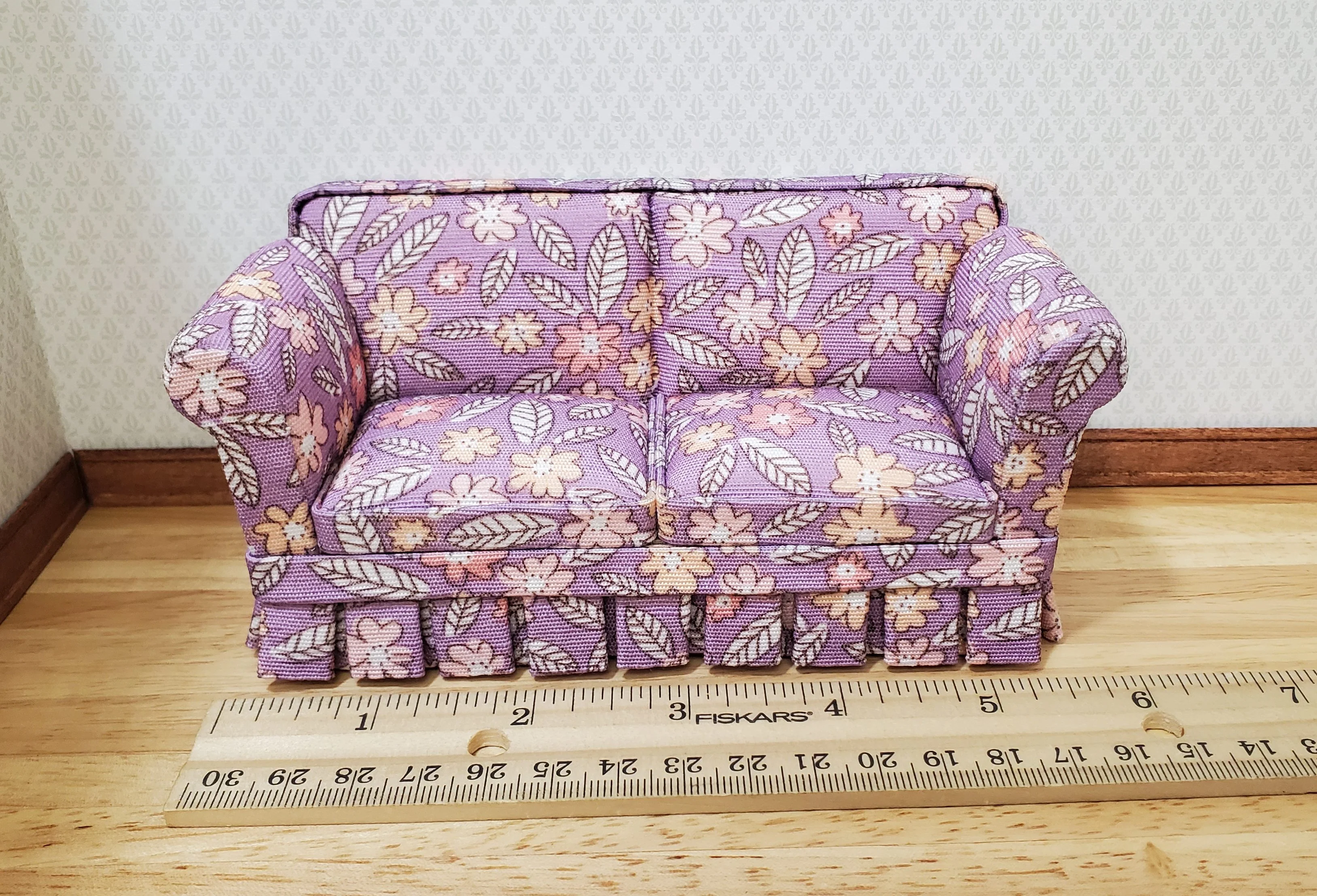 JBM Dollhouse Sofa Couch Purple Floral Modern Style 1:12 Scale Furniture - Image 4