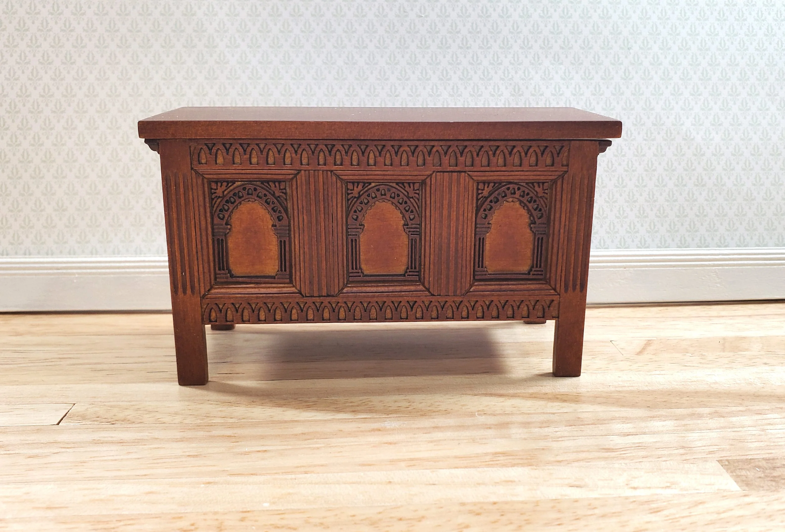 JBM Dollhouse Trunk Chest Tudor Gothic Style Walnut Finish 1:12 Scale Miniature - Image 2