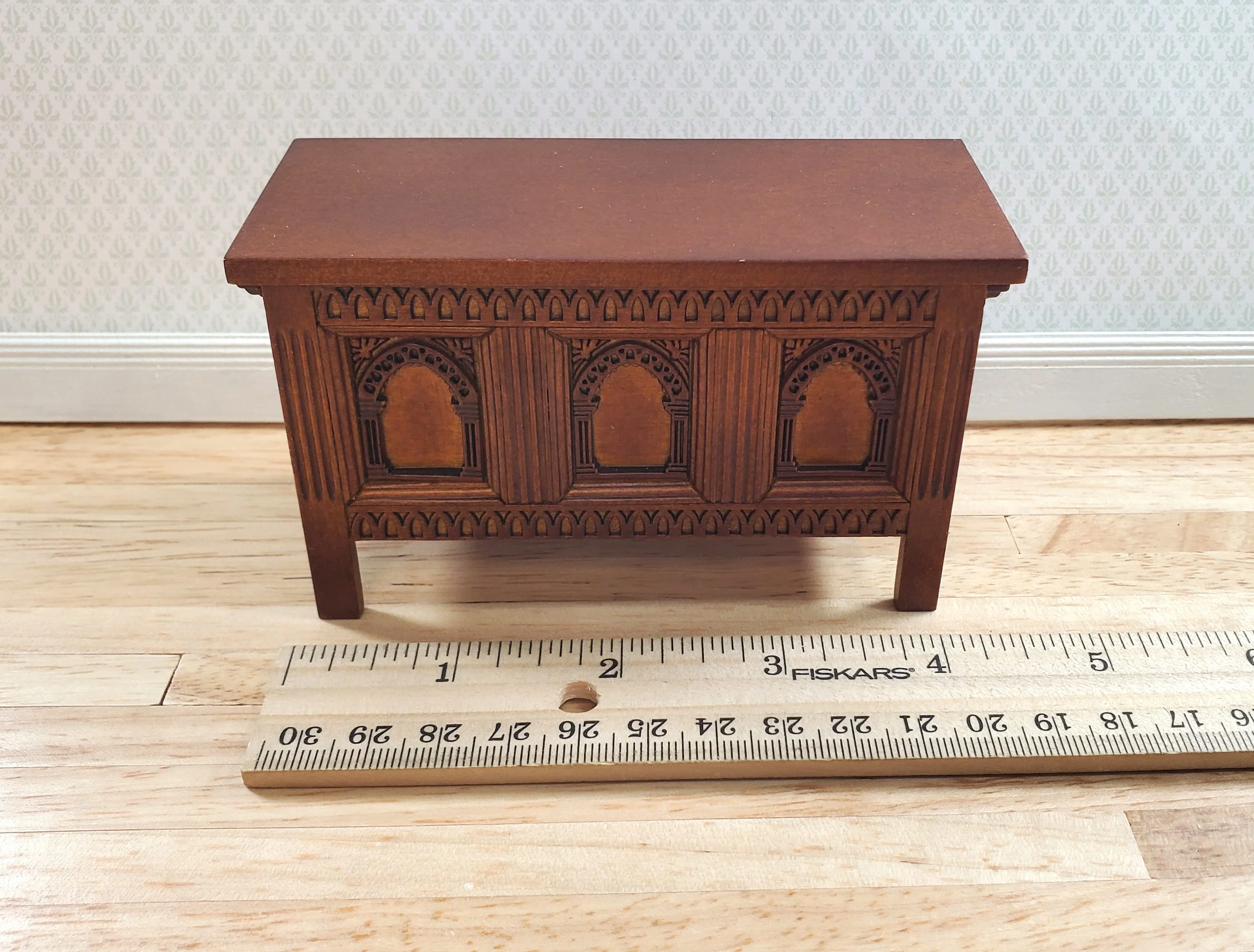 JBM Dollhouse Trunk Chest Tudor Gothic Style Walnut Finish 1:12 Scale Miniature - Image 5